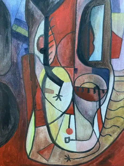 Abstract watercolor with pale central form, blue-gray depths, red-orange areas, and black linear elements on paper