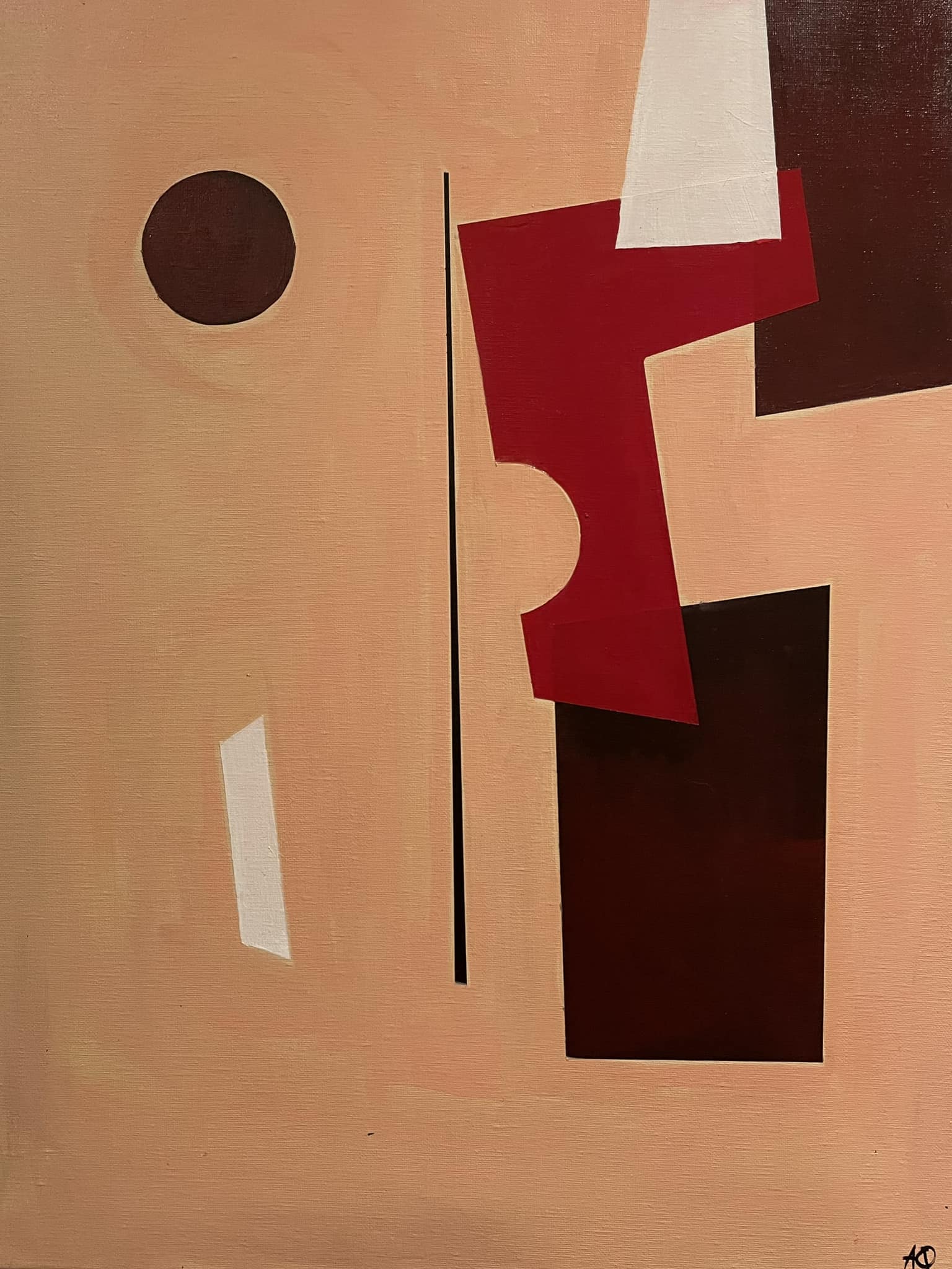 Oil painting with warm orange ground, dark circle, red overlapping shapes, and white triangular forms