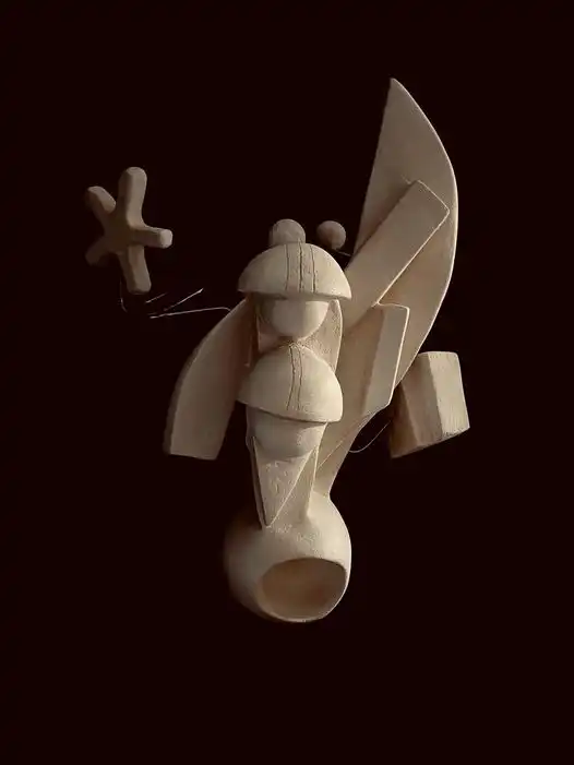 Ceramic sculpture showing hooded figure with four geometric shapes on metal rods representing alchemical elements