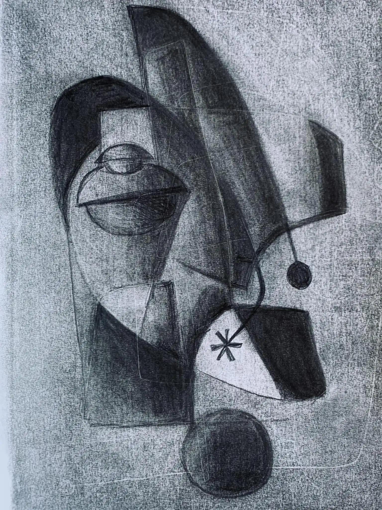 Charcoal drawing with geometric forms: angular shapes and curved elements in dark tones creating symbolic composition