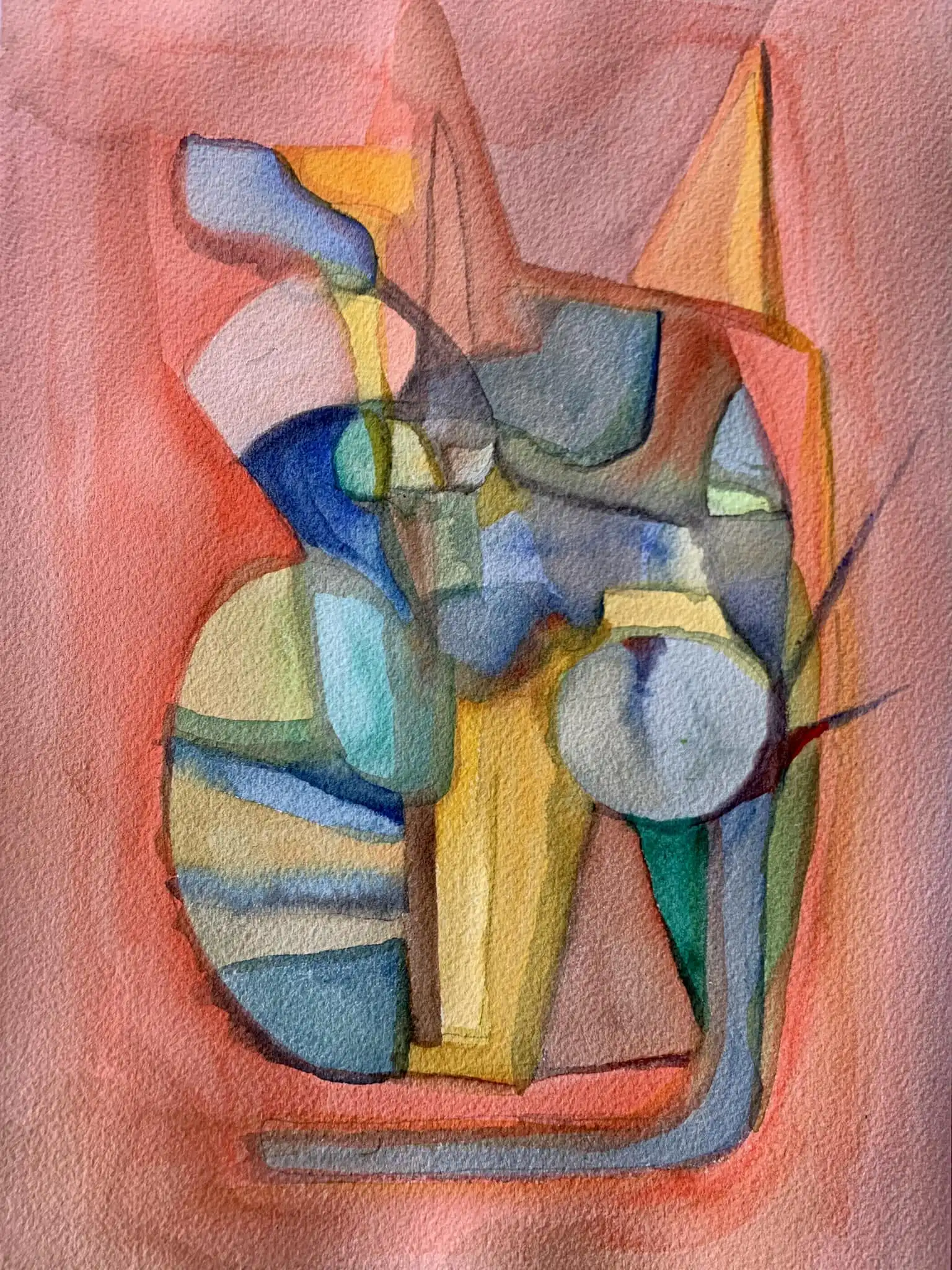 Abstract watercolor with rosy brown geometric shapes, blue-gray angular forms, and yellow accents in vertical composition