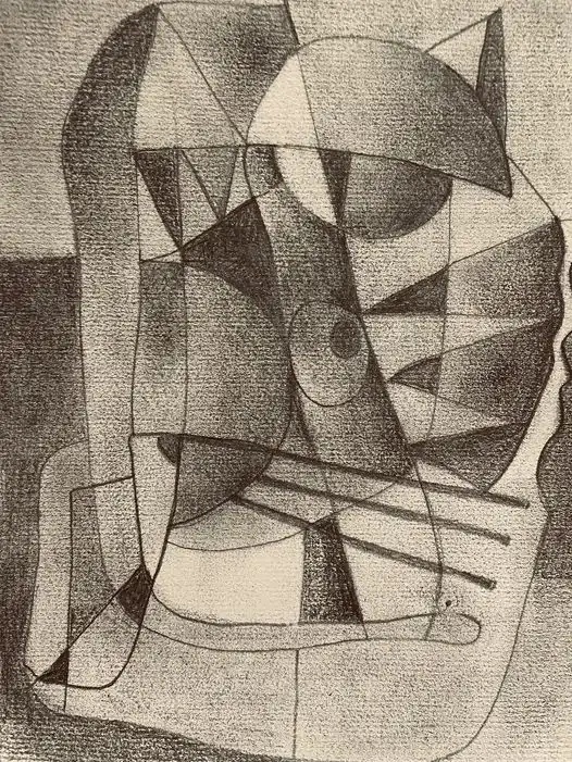 The Cat Of Istanbul - Variations 4 by Arnaud Quercy at Art Quam Anima — Digital Drawing, Digital drawing showing geometric fragmentation of cat form through angular planes in monochromatic tones
