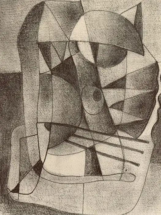 Dessin numérique montrant la fragmentation géométrique de la forme féline à travers des plans angulaires en tons monochromatiques