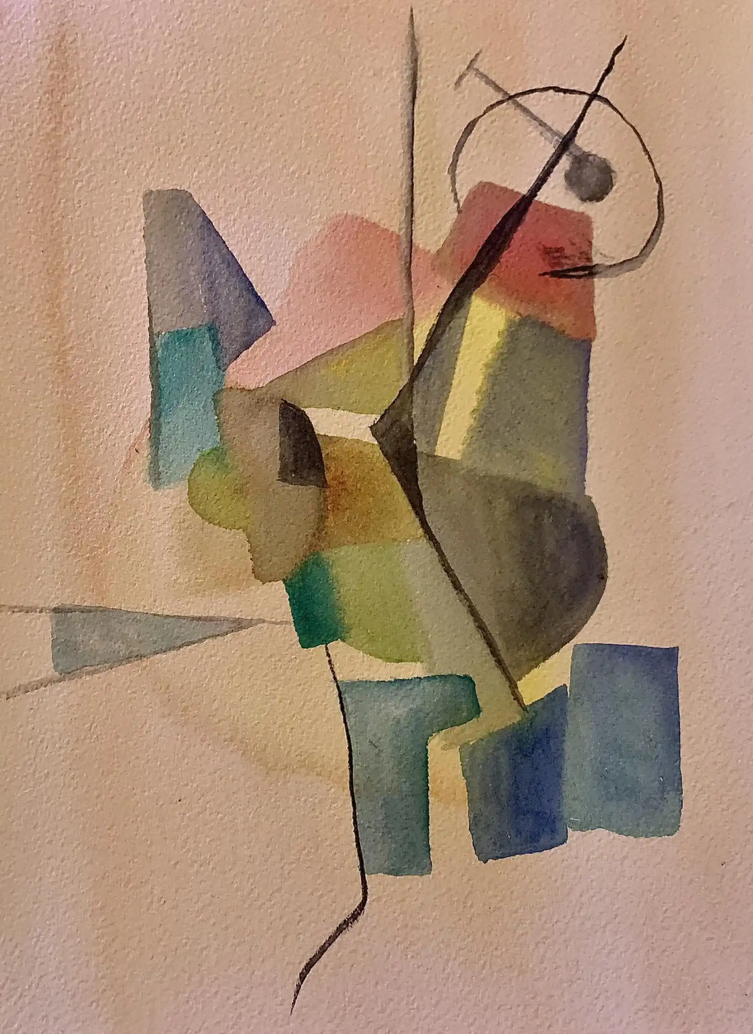 Watercolor geometric abstraction: ochre and blue forms arranged in angular composition with circular elements