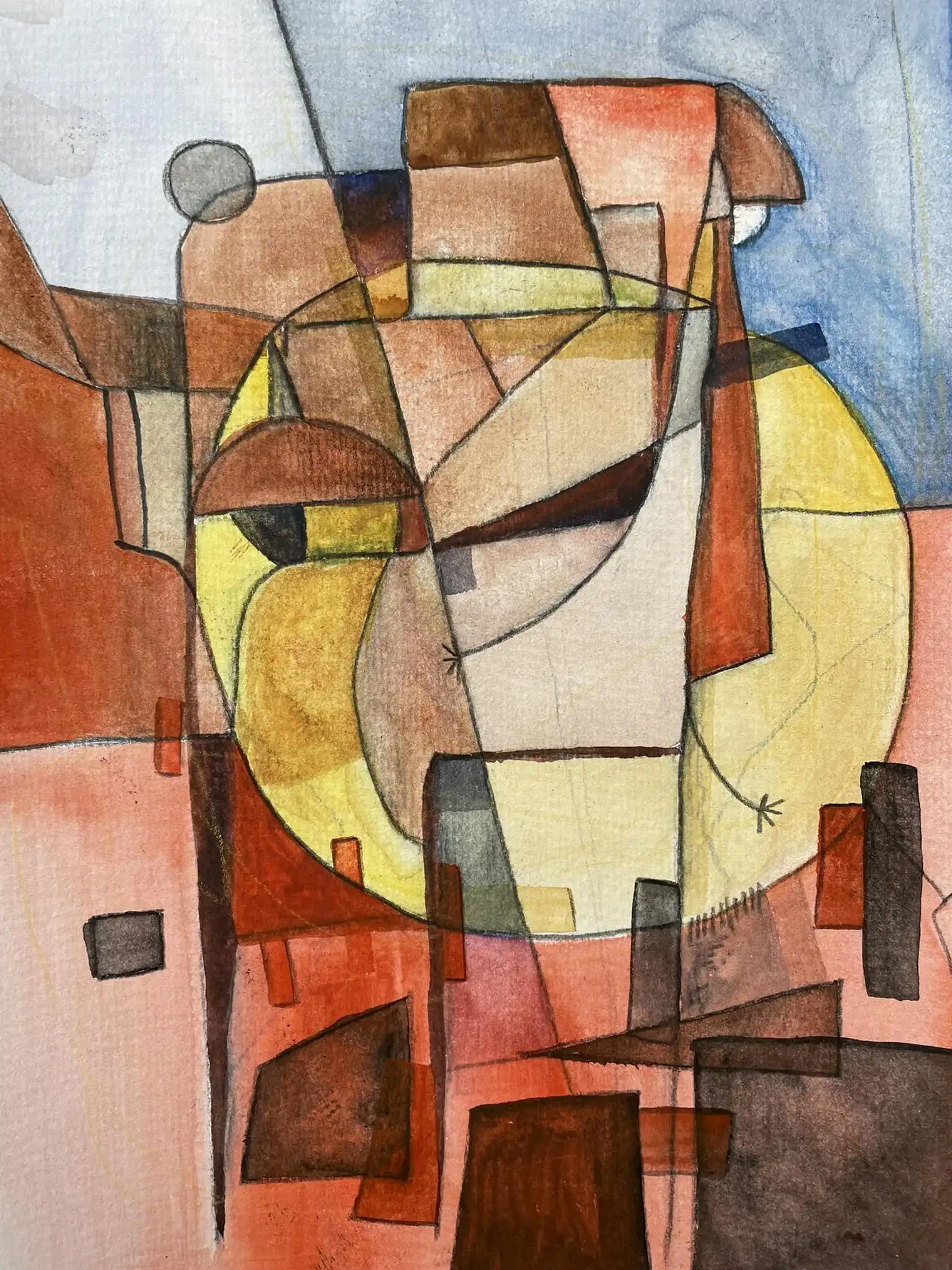 The Centaur of Pompeii by Arnaud Quercy at Art Quam Anima — Oil Painting on paper, Oil painting with geometric forms in earth tones: fragmented cubist composition with circular and angular elements