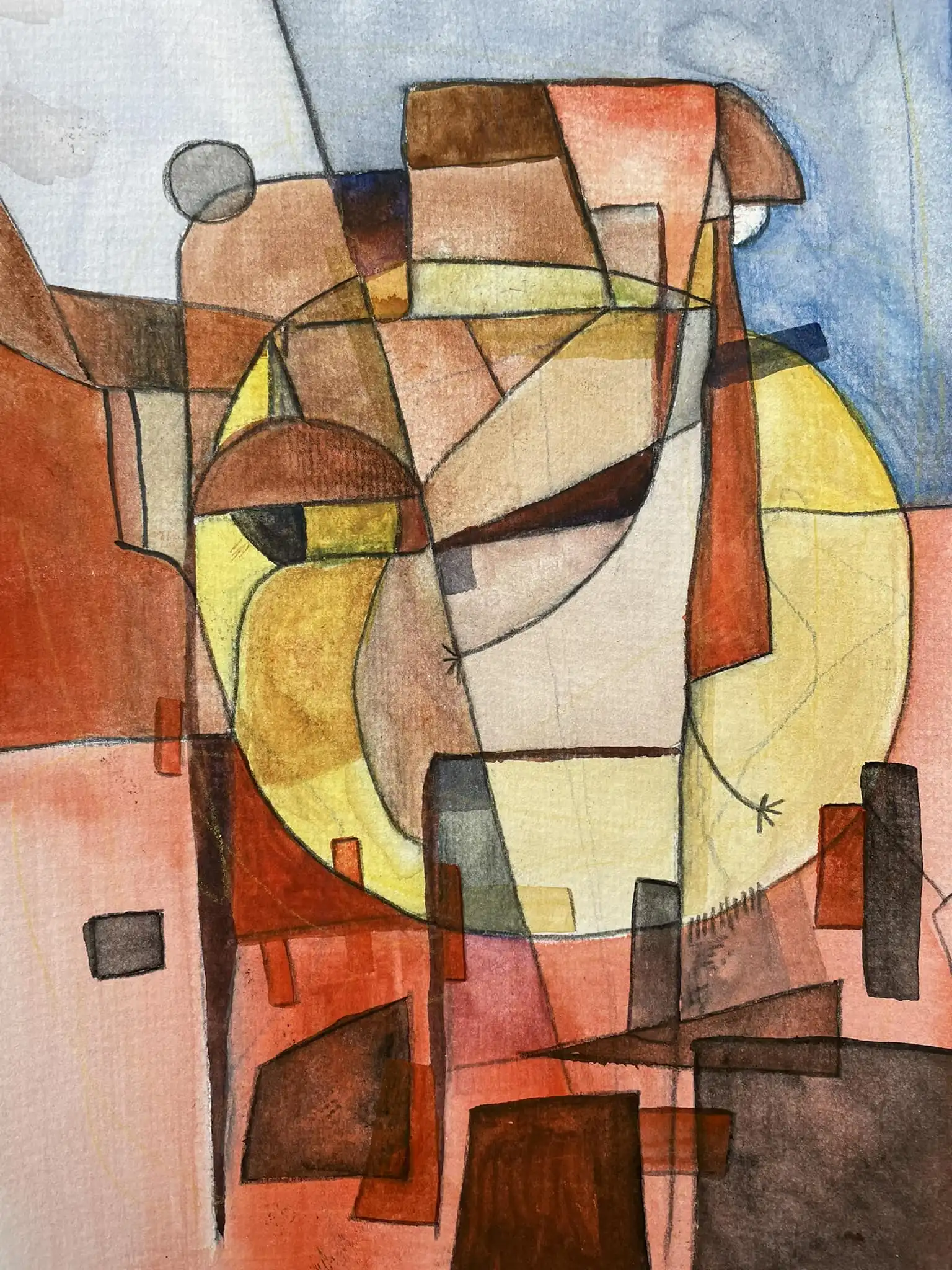 Oil painting with geometric forms in earth tones: fragmented cubist composition with circular and angular elements