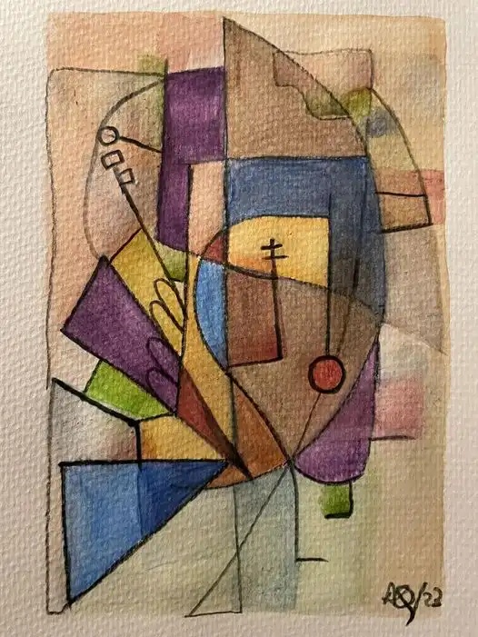 The city bird of Fuchu, Tokyo - Variations 2 by Arnaud Quercy at Art Quam Anima — Watercolor Painting on Paper, Contemporary watercolor with overlapping geometric shapes in warm yellow-orange and tan tones suggesting abstracted bird forms