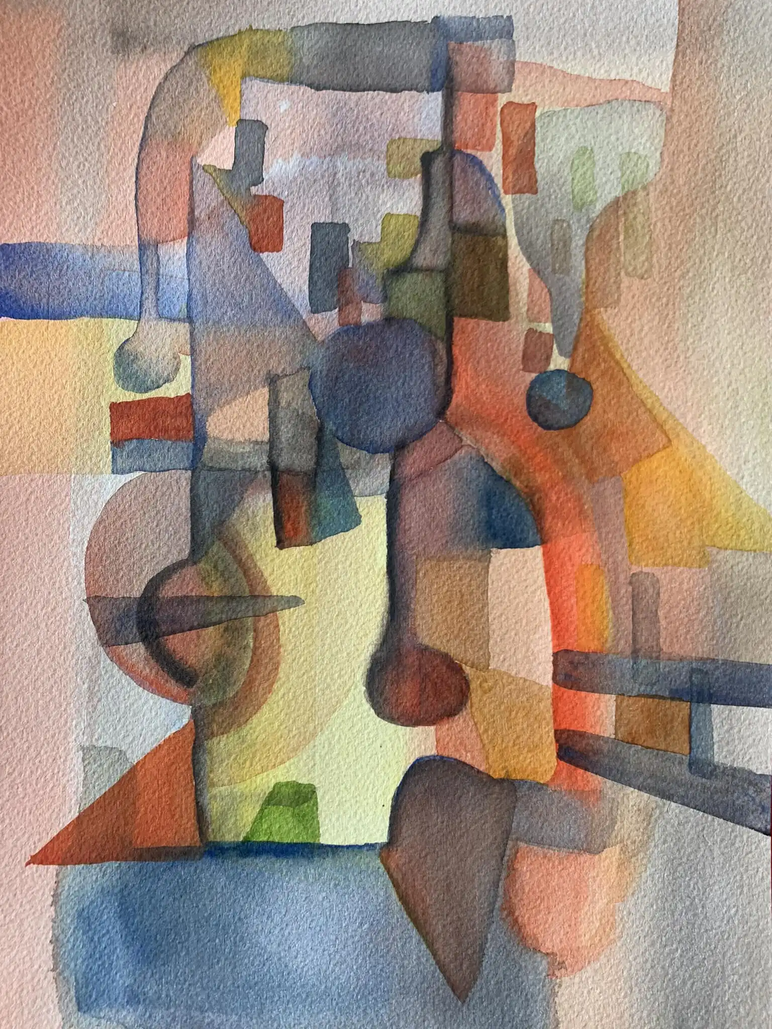 Watercolor painting with geometric orange and tan forms, gray structural elements, and small color accents