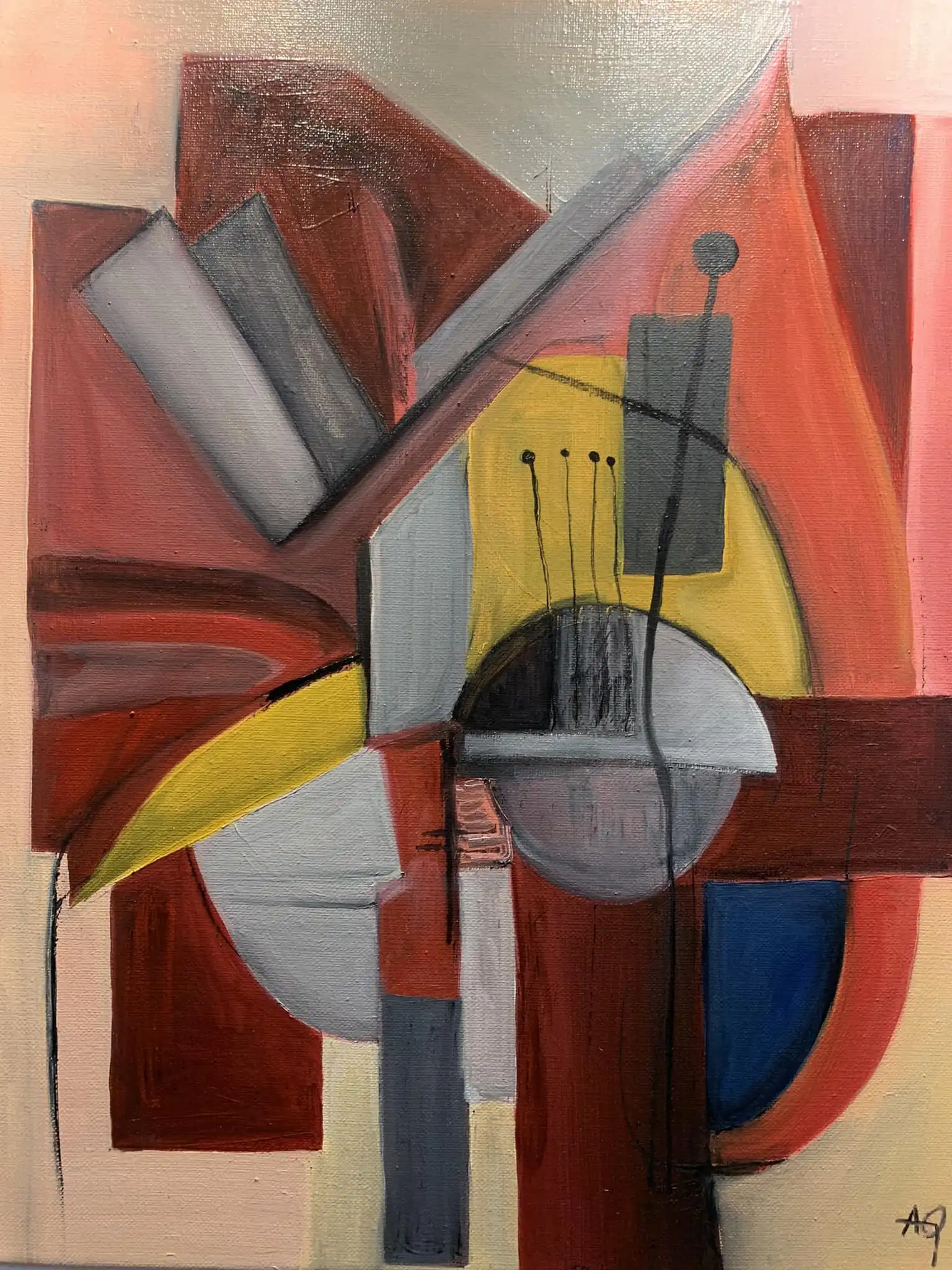 Oil painting with geometric and organic forms in warm earth tones, reds, and yellow accents arranged in abstract composition