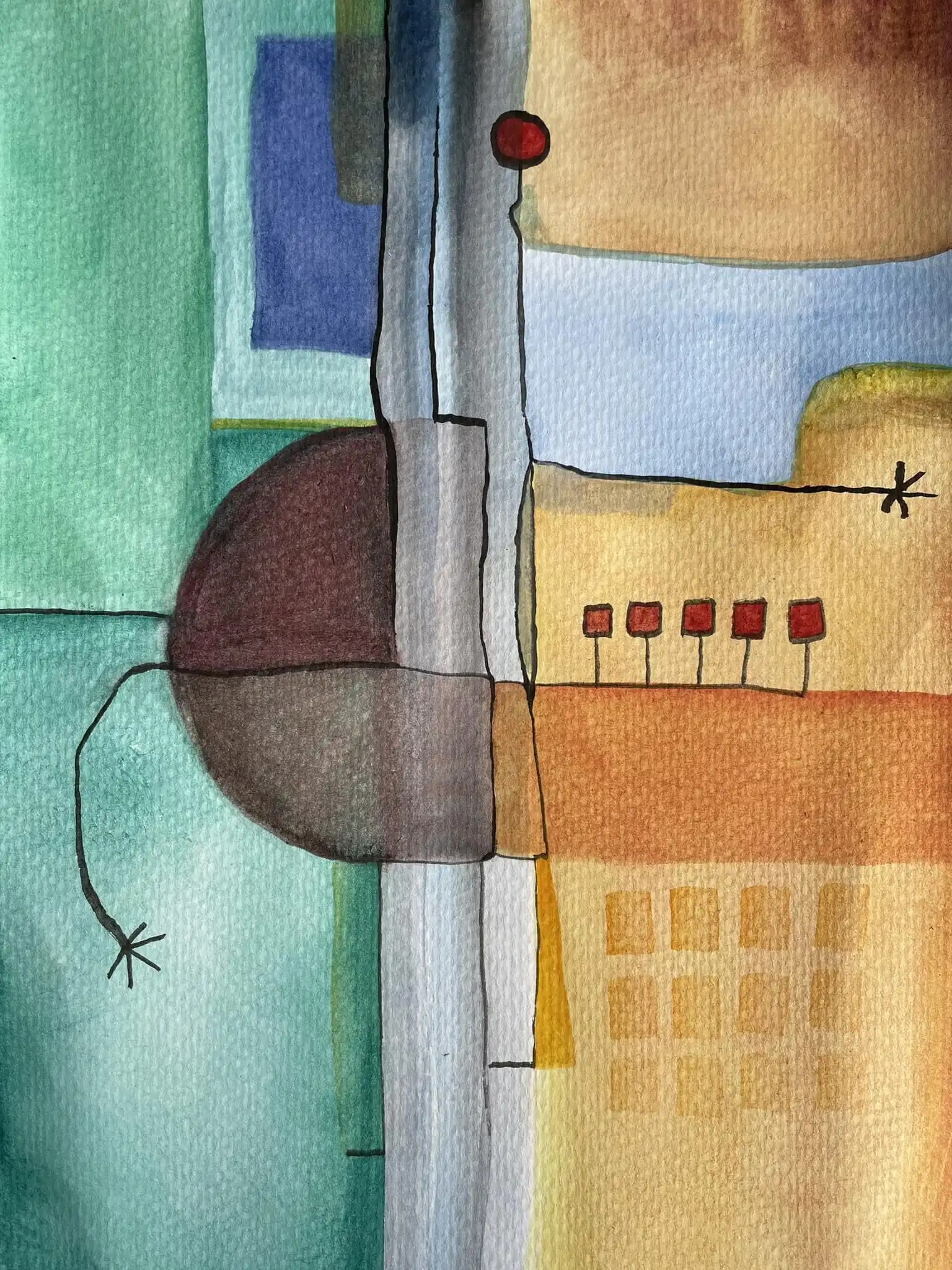 The Golden State by Arnaud Quercy at Art Quam Anima — Watercolor Painting on Paper, Watercolor painting with golden ochre areas, green passages, and geometric forms in abstract composition