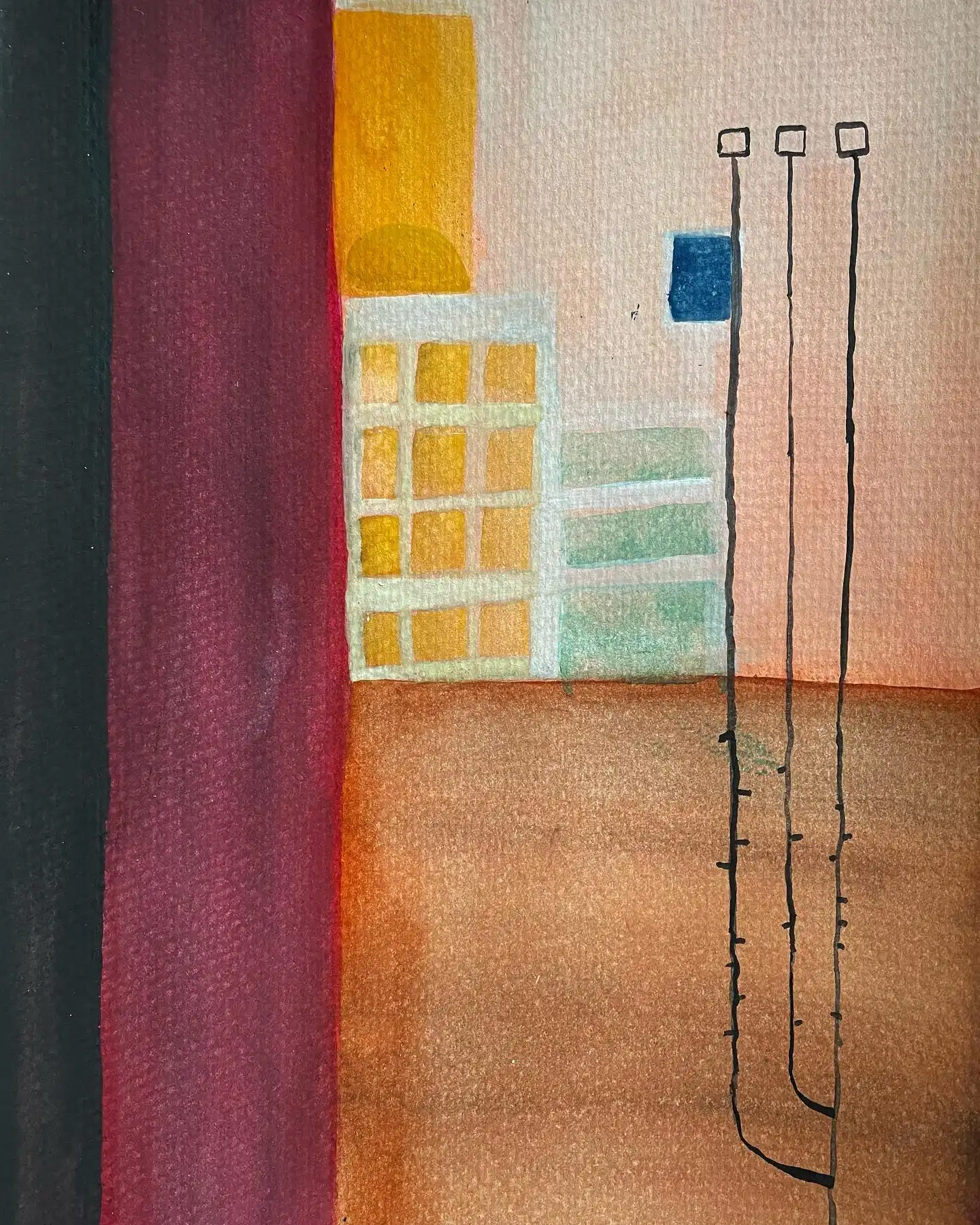 Watercolor painting with russet and orange geometric blocks, dark vertical band, and three black linear elements