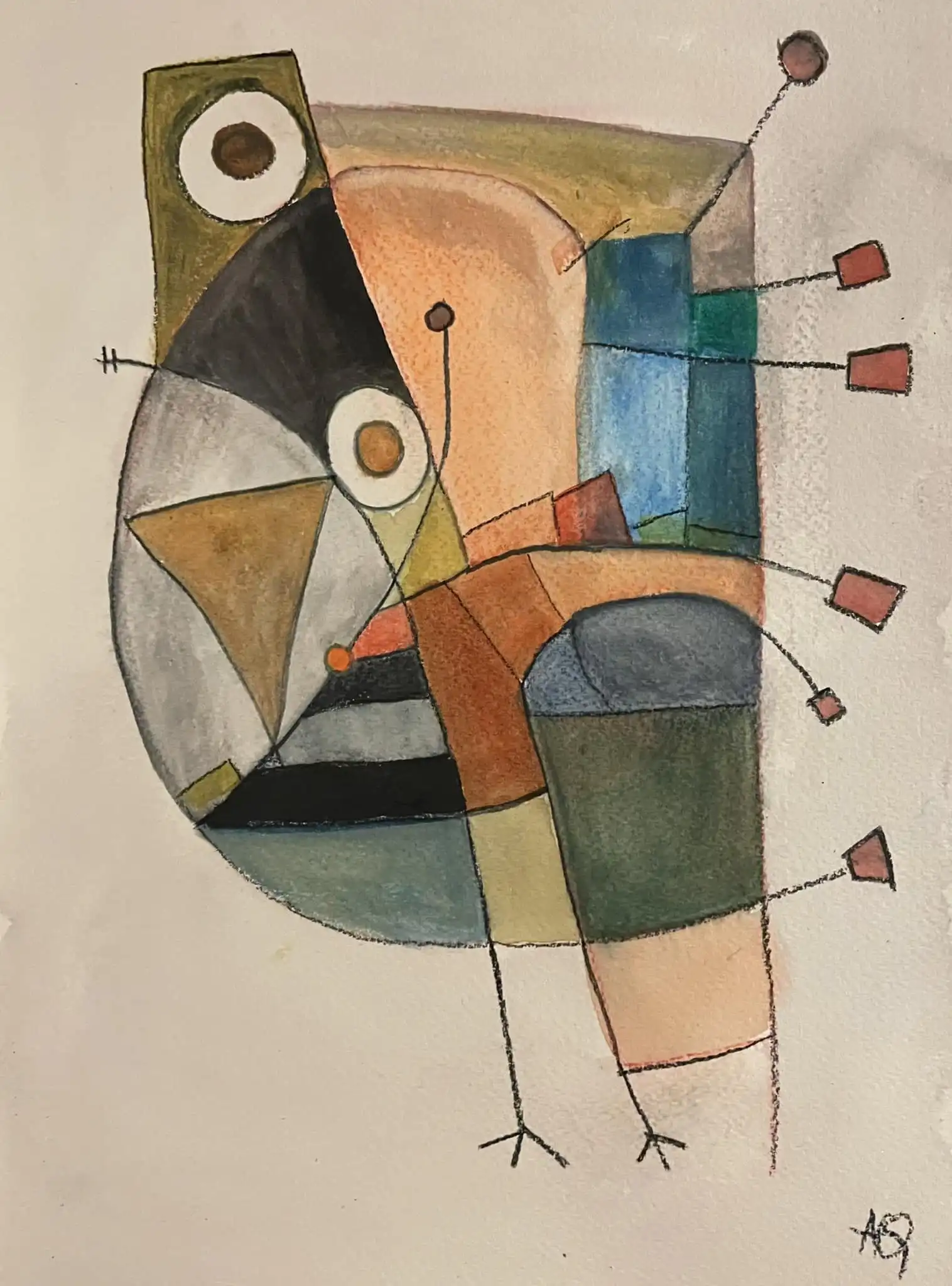 Peinture à l'aquarelle : pigeon géométrique avec œil circulaire, formes angulaires en tons terreux chauds et accents bleus