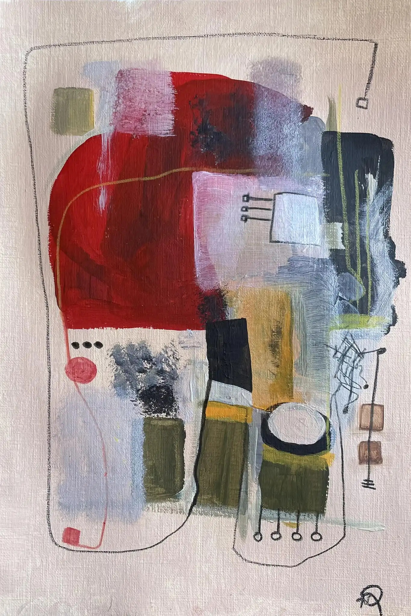 The heart of the traveller by Arnaud Quercy at Art Quam Anima — Acrylic Painting on Paper, Abstract acrylic painting with silver-gray background, red geometric shapes, and blue-green accents in vertical format