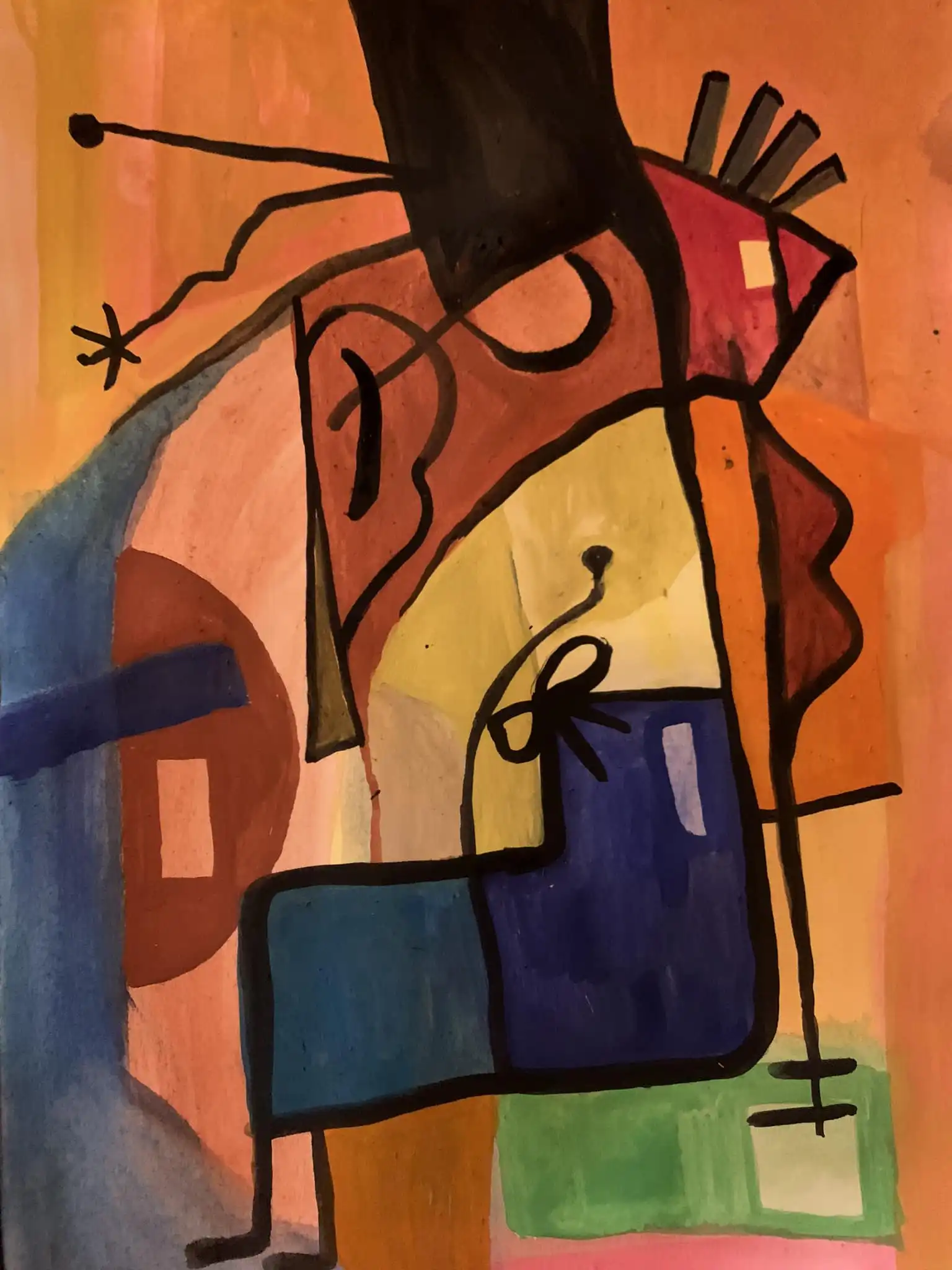 Peinture à la gouache avec des formes orange et bordeaux dépeignant une figure de café abstraite à travers des marques gestuelles et des couleurs audacieuses