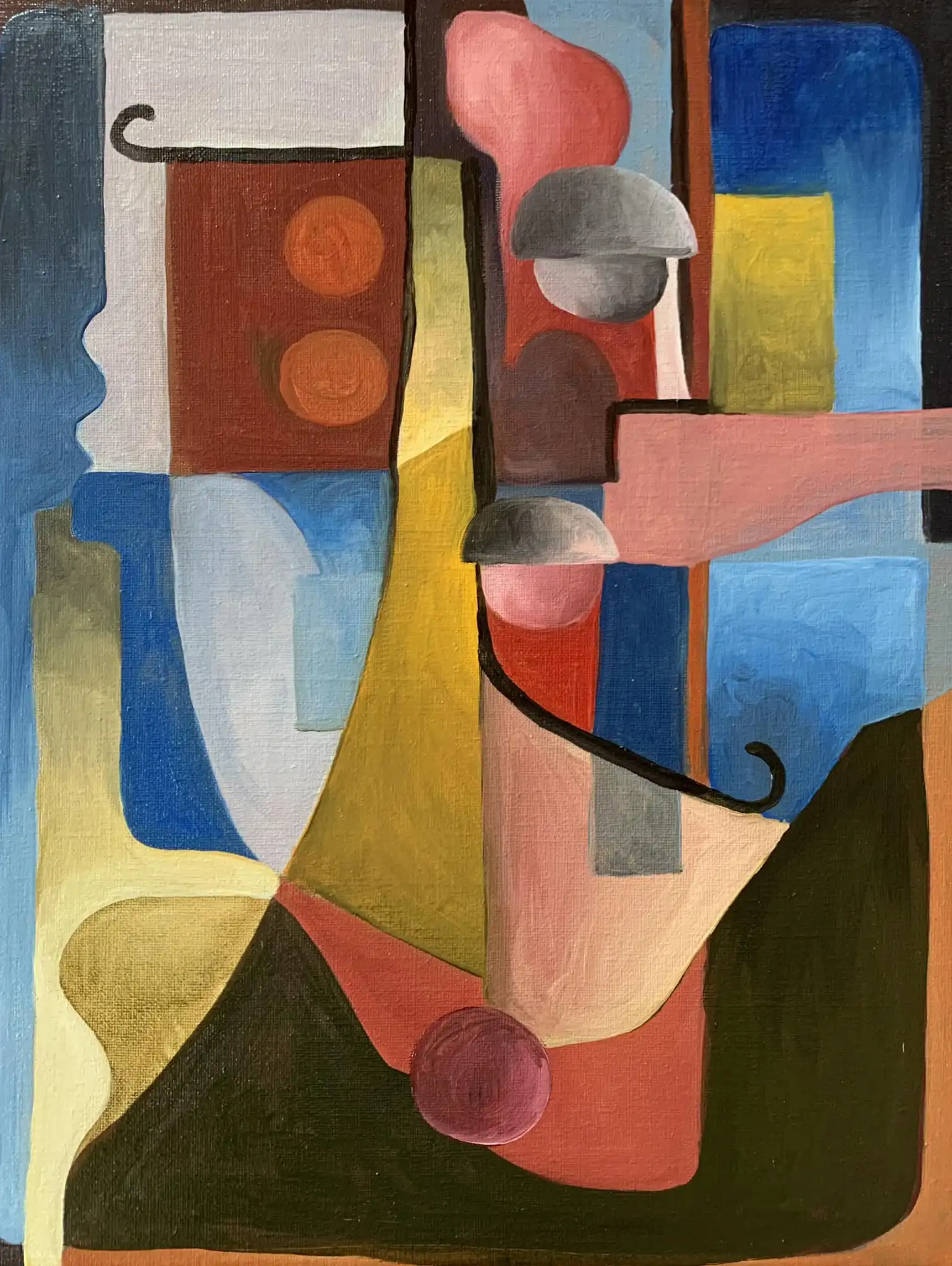 Oil painting showing cubist portrait of seated figure with geometric forms in dark green, silver, and earth tones