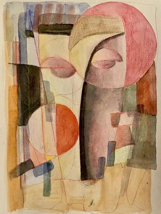 The myth of Kyrnos by Arnaud Quercy at Art Quam Anima — Oil Painting on Paper, Oil painting: geometric forms in ochre, tan, and burnt sienna with coral accents in vertical composition