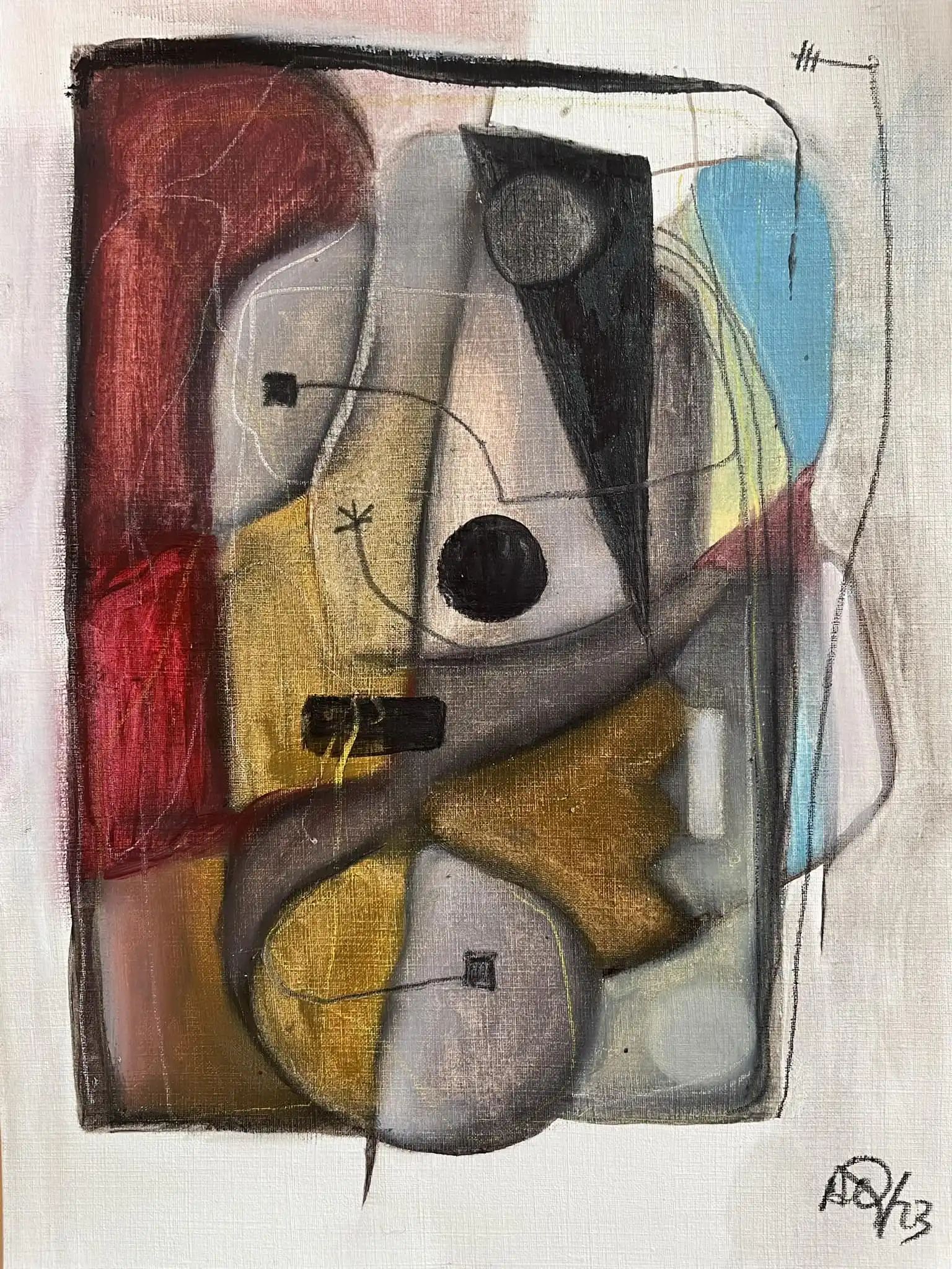 Oil painting with white background, orange geometric forms, dark contrasts, and blue accents in abstract composition