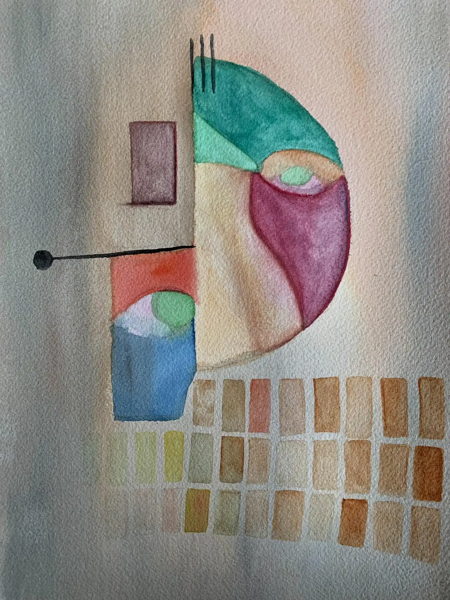 Peinture à l'aquarelle avec formes géométriques : fond gris, formes courbes, grille rectangulaire, accents rouges et bleus