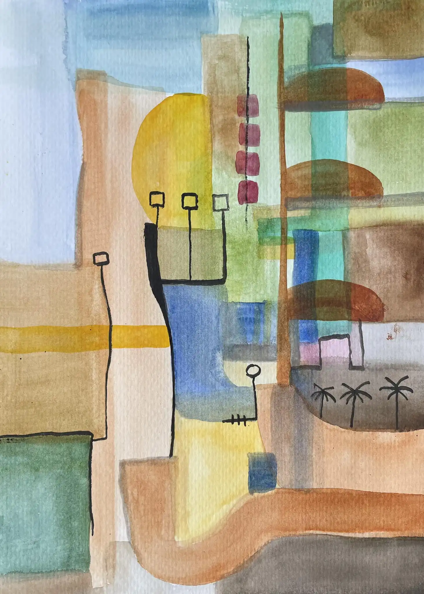 Watercolor painting with overlapping geometric forms in tan, silver, and blue tones with linear details