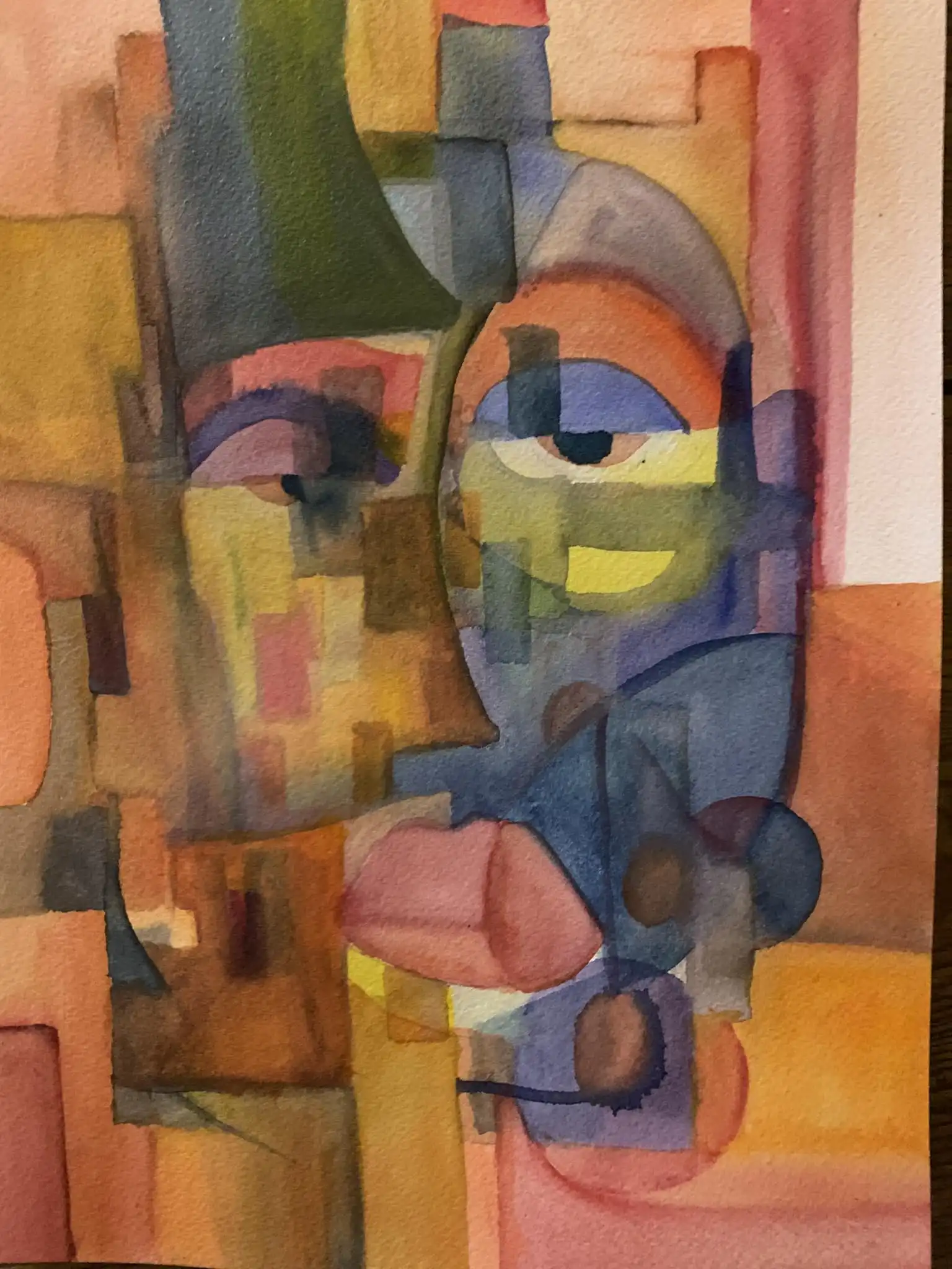 Watercolor portrait: fragmented geometric forms in burnt sienna, chocolate, and gray-purple tones depicting singing figure