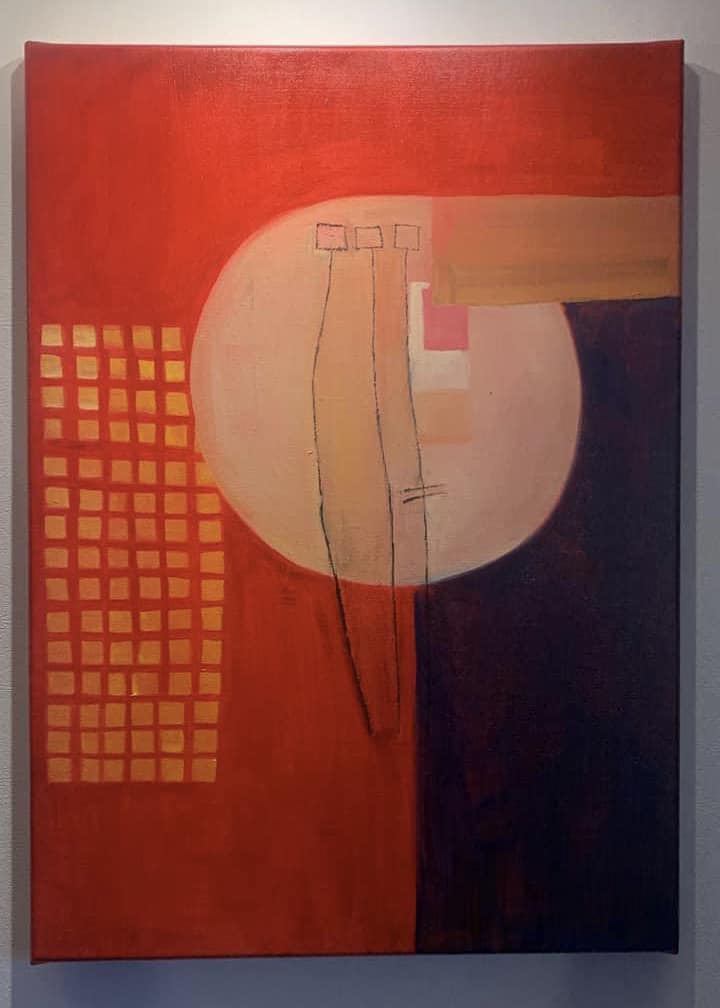 Digital composition with red-orange background, central pale circle, geometric grid, and vertical linear elements