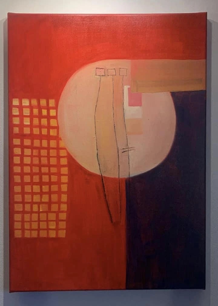 Three Flowers by Arnaud Quercy at Art Quam Anima — Oil Painting on Linen Canvas, Digital composition with red-orange background, central pale circle, geometric grid, and vertical linear elements