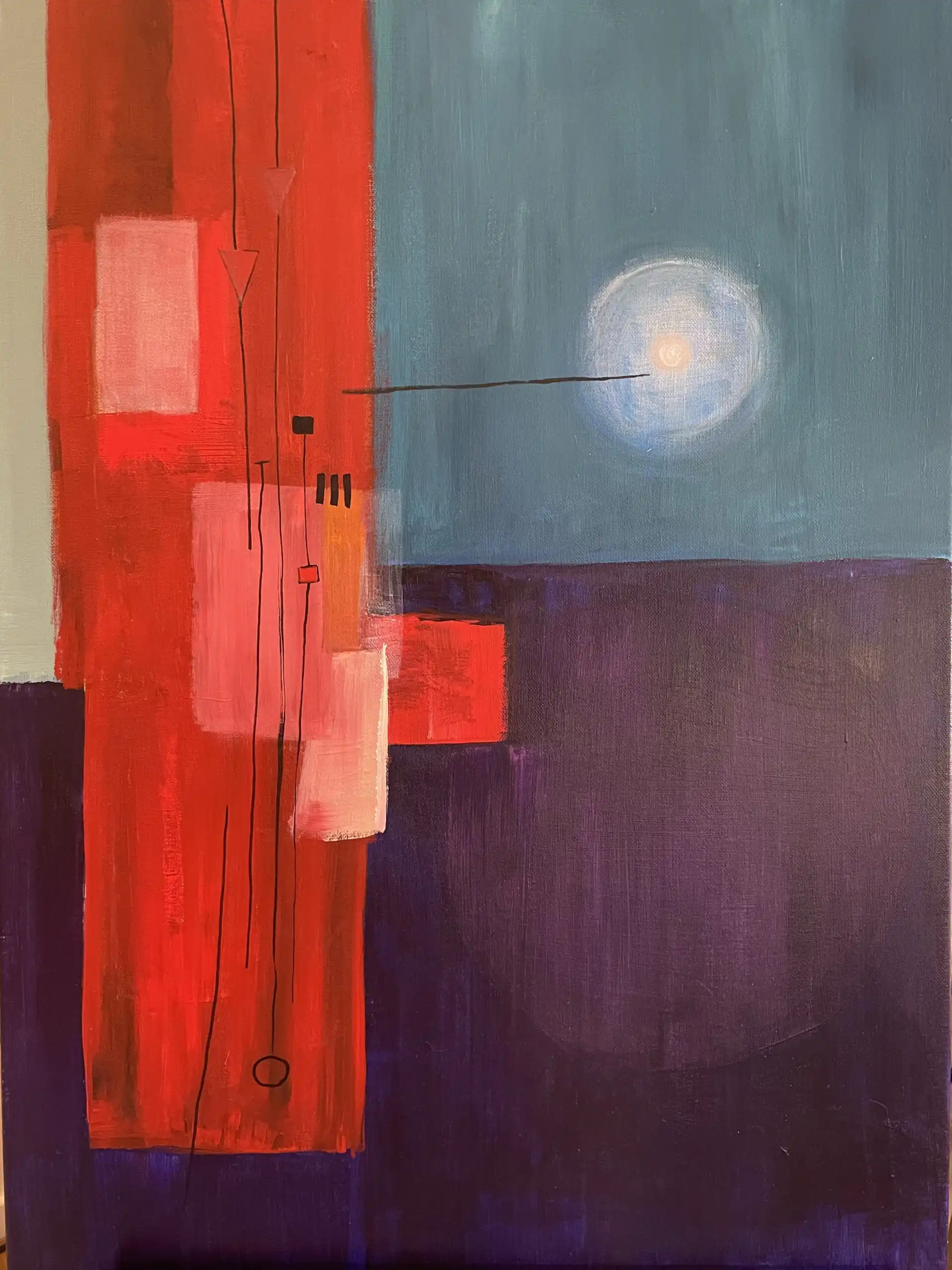 Abstract acrylic painting with red geometric shapes on left, luminous circle on blue-gray right, connected by black line