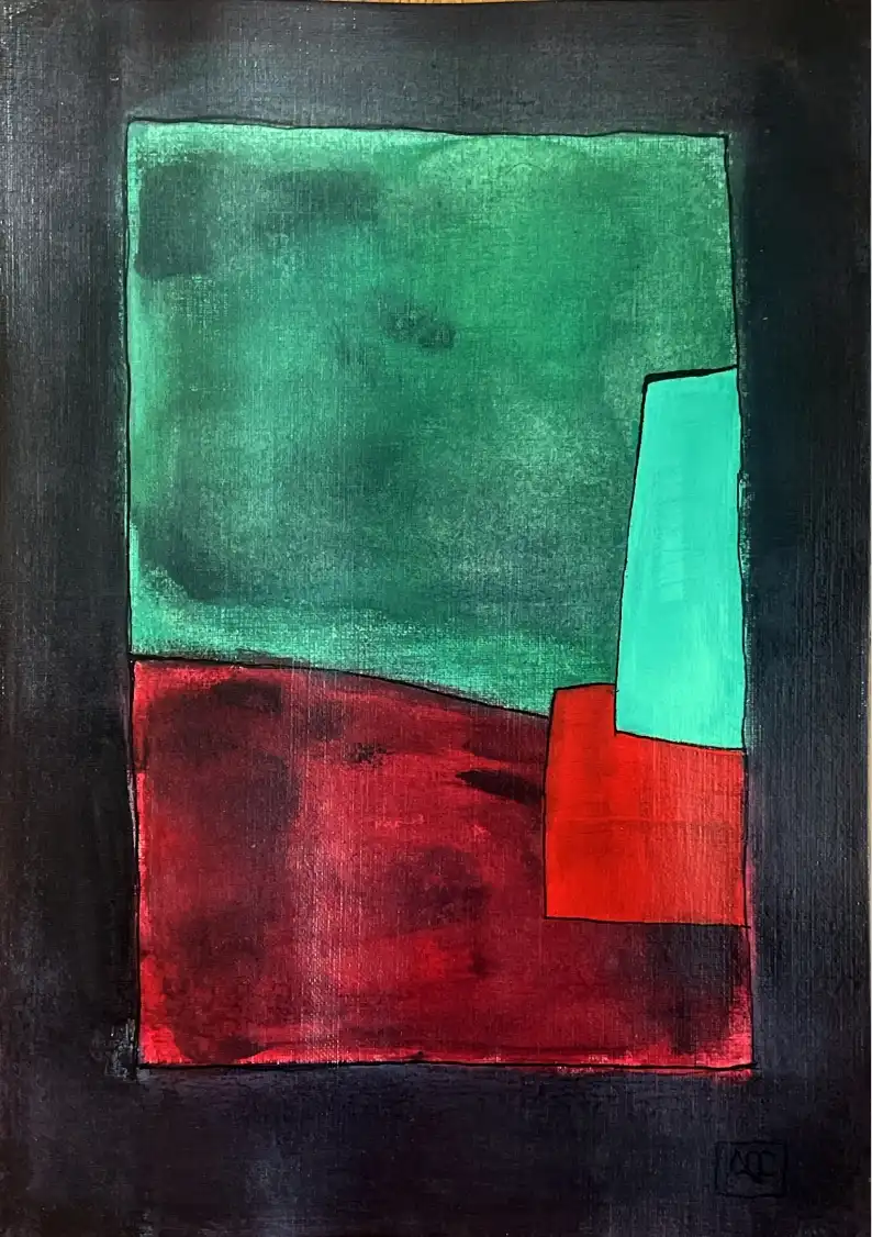 Peinture acrylique avec fond sombre, section supérieure verte, section inférieure rouge, et accent vertical turquoise vif