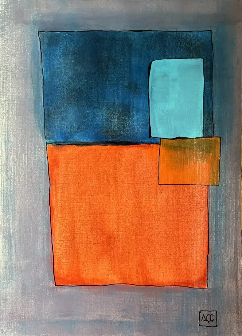 Peinture acrylique avec formes géométriques : rectangles orange, zones bleues, et fond gris en composition verticale