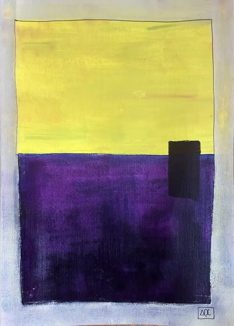 Acrylique sur papier : champ jaune au-dessus d'un fond violet profond avec rectangle presque noir à la frontière, format vertical.