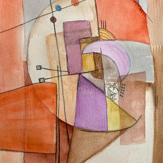 Watercolor painting with orange geometric shapes, purple accents, and overlapping rectangular forms in warm tones