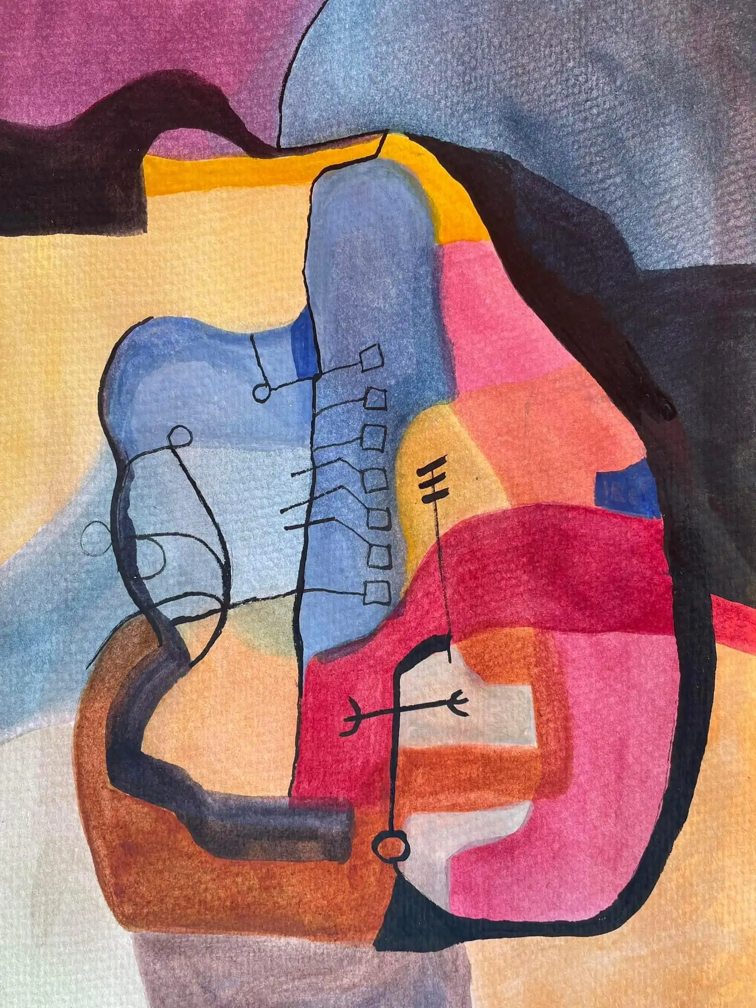 Abstract watercolor with flowing organic forms in orange, coral, and blue tones connected by black linear elements