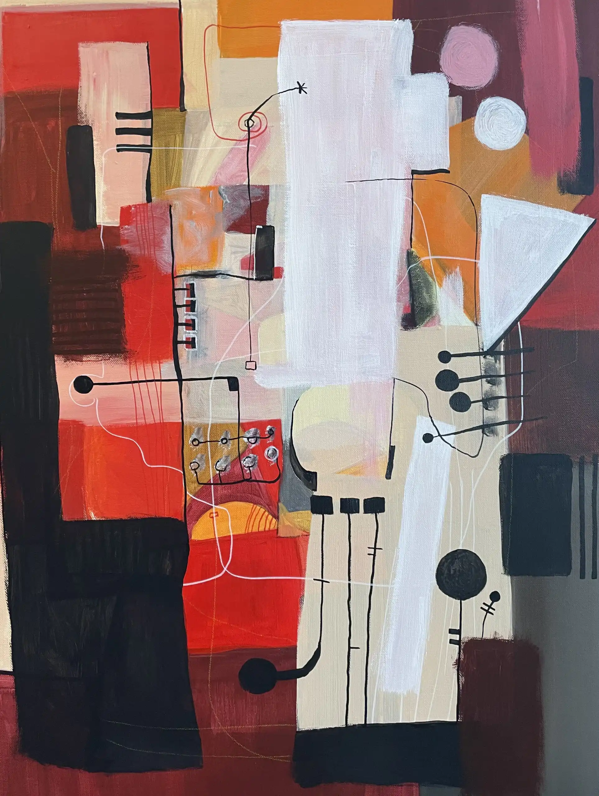 Abstract acrylic painting with blue-violet darks, firebrick reds, and pale central form with geometric elements