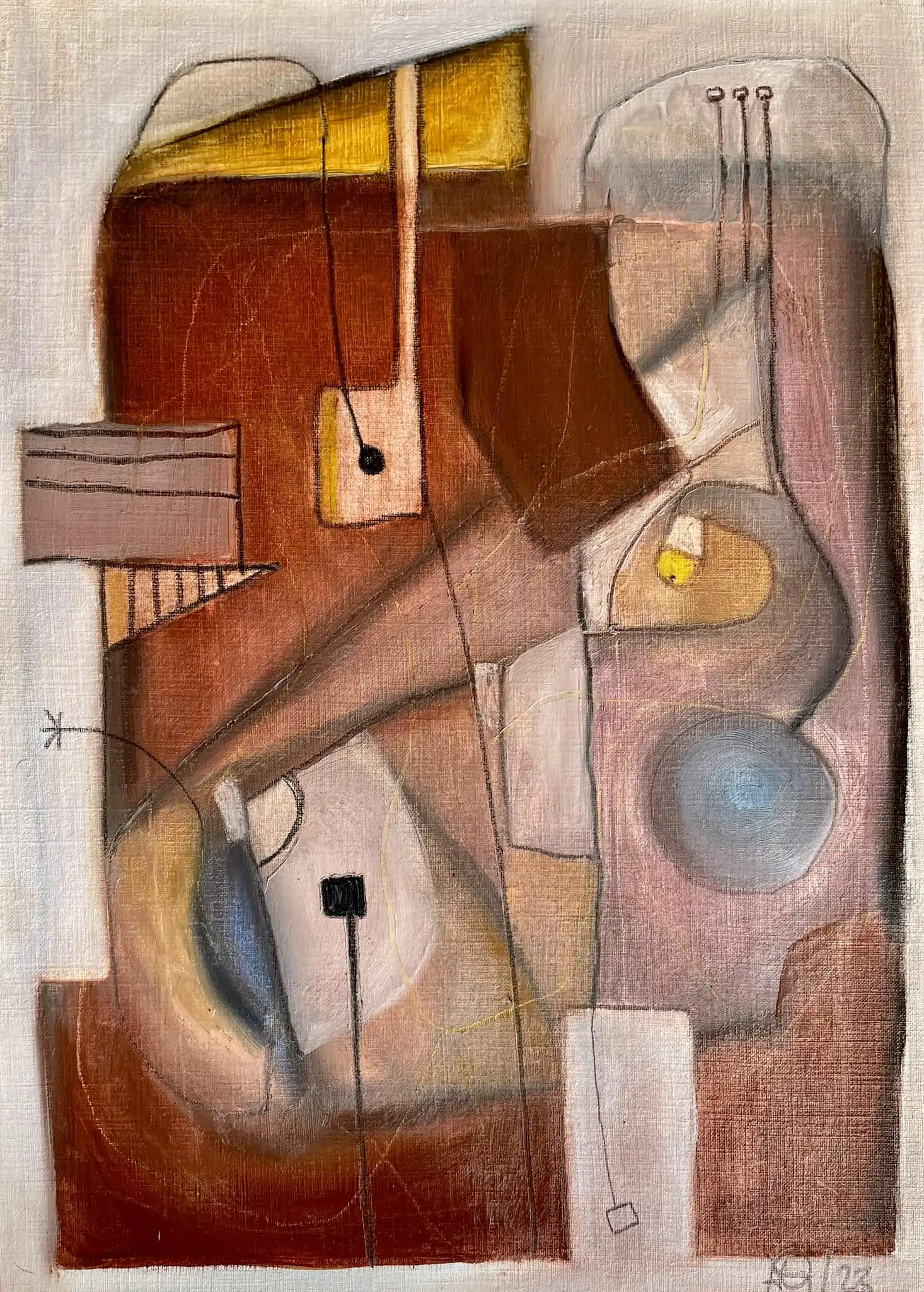 Abstract oil painting with terracotta browns, soft pinks, and pale blue organic forms on paper