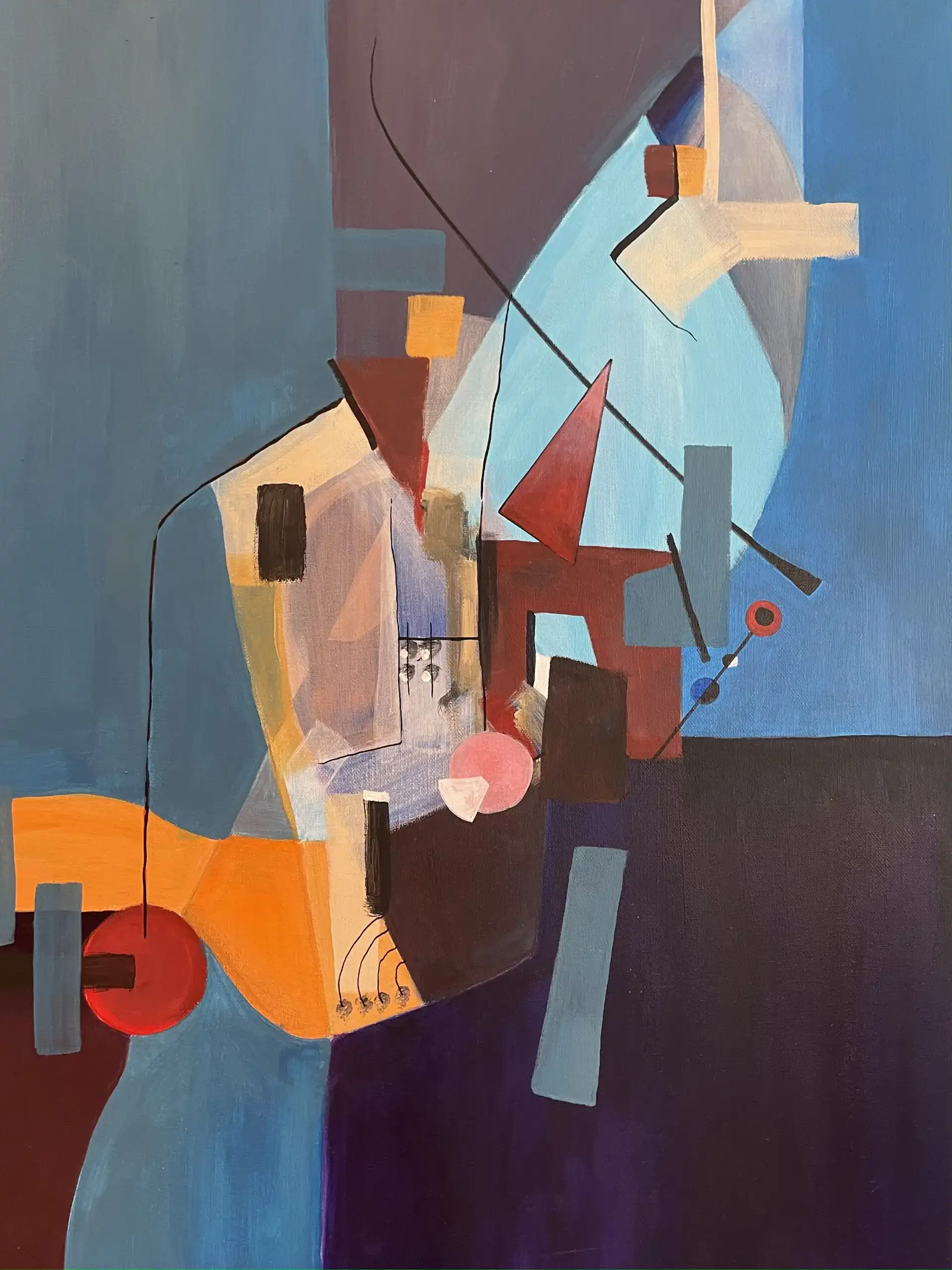 Geometric abstract painting with blue planes, burgundy forms, orange accent, and intersecting shapes