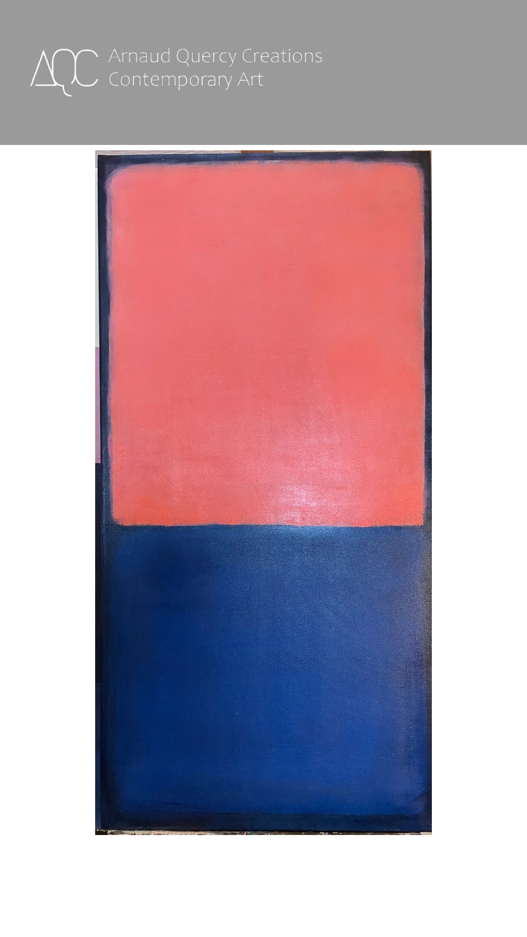 A la façon de Rothko, pour Frederique by Arnaud Quercy at Art Quam Anima — Acrylic Painting on Canvas, Vertical painting with light coral upper section and deep purple-blue lower section on canvas