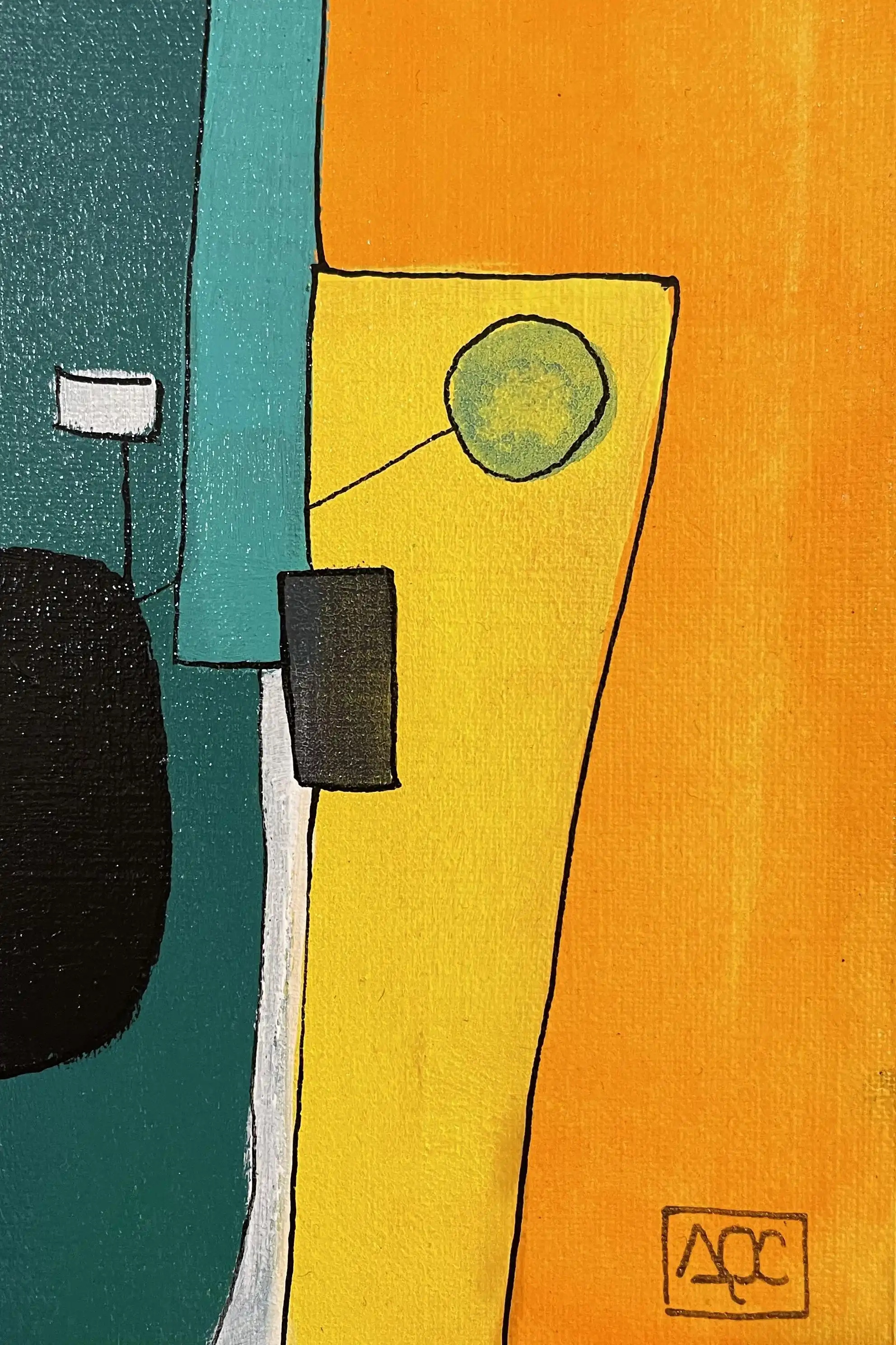 La Majeur par Arnaud Quercy chez Art Quam Anima — peinture acrylique sur papier, Peinture acrylique : formes géométriques orange et jaune avec bandes verticales vert foncé et accents bleu-vert