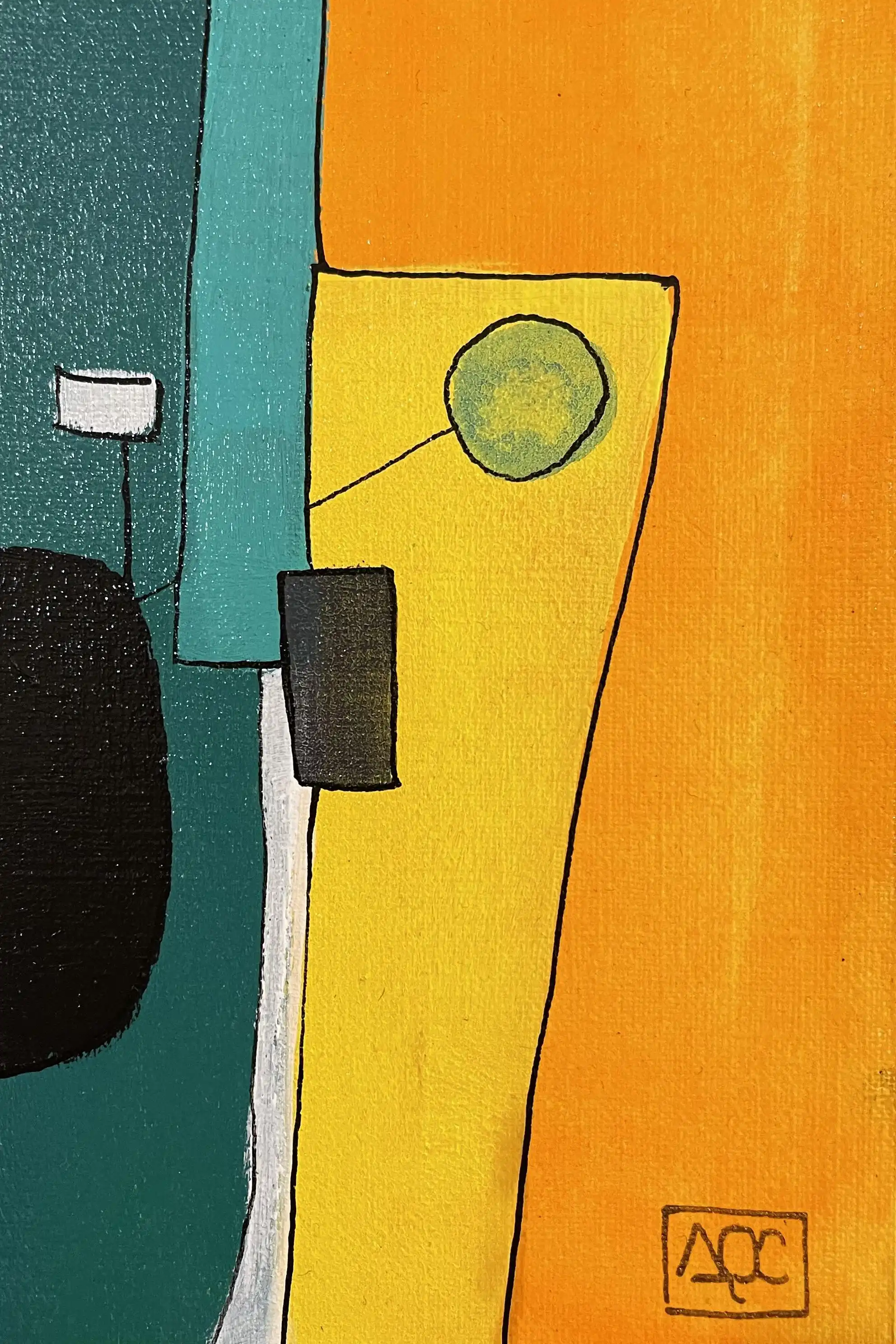 Peinture acrylique : formes géométriques orange et jaune avec bandes verticales vert foncé et accents bleu-vert