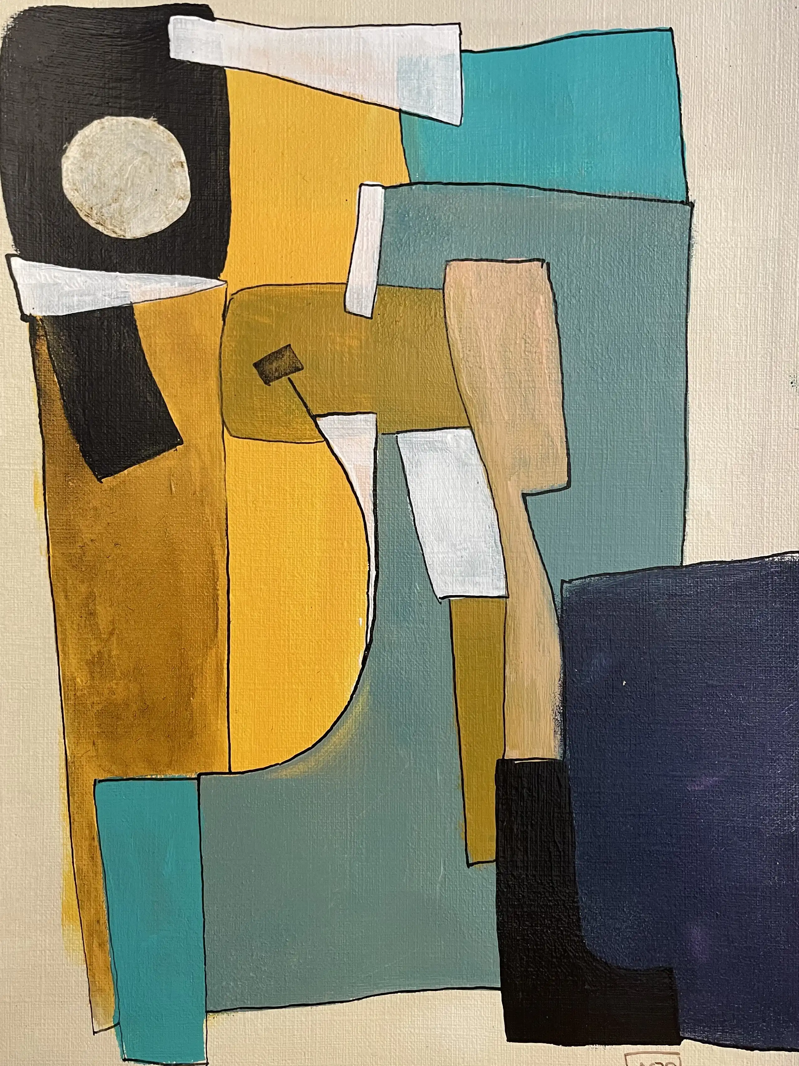 Peinture acrylique abstraite avec des formes géométriques jaune-orange, violet, et vert arrangées en relations colorées harmoniques