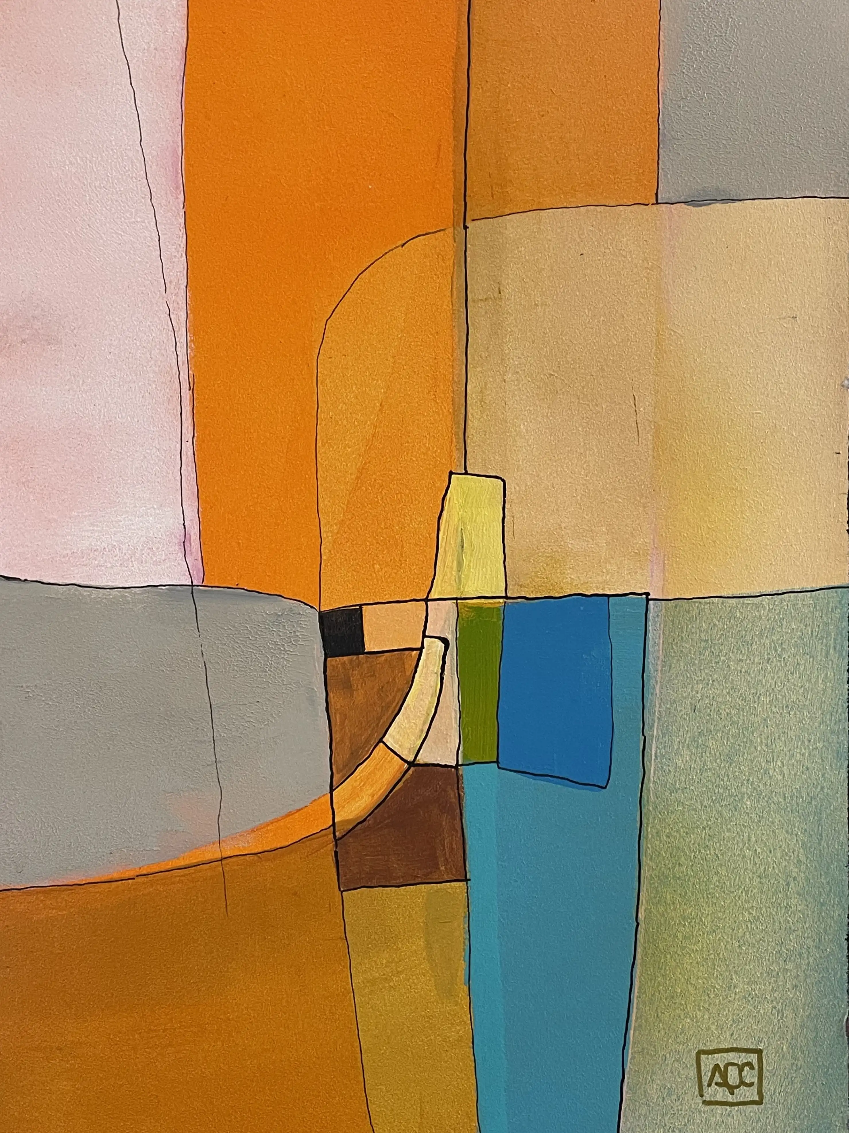 Peinture géométrique abstraite avec des sections orange, jaune et bleues arrangées en formes angulaires représentant l'harmonie musicale