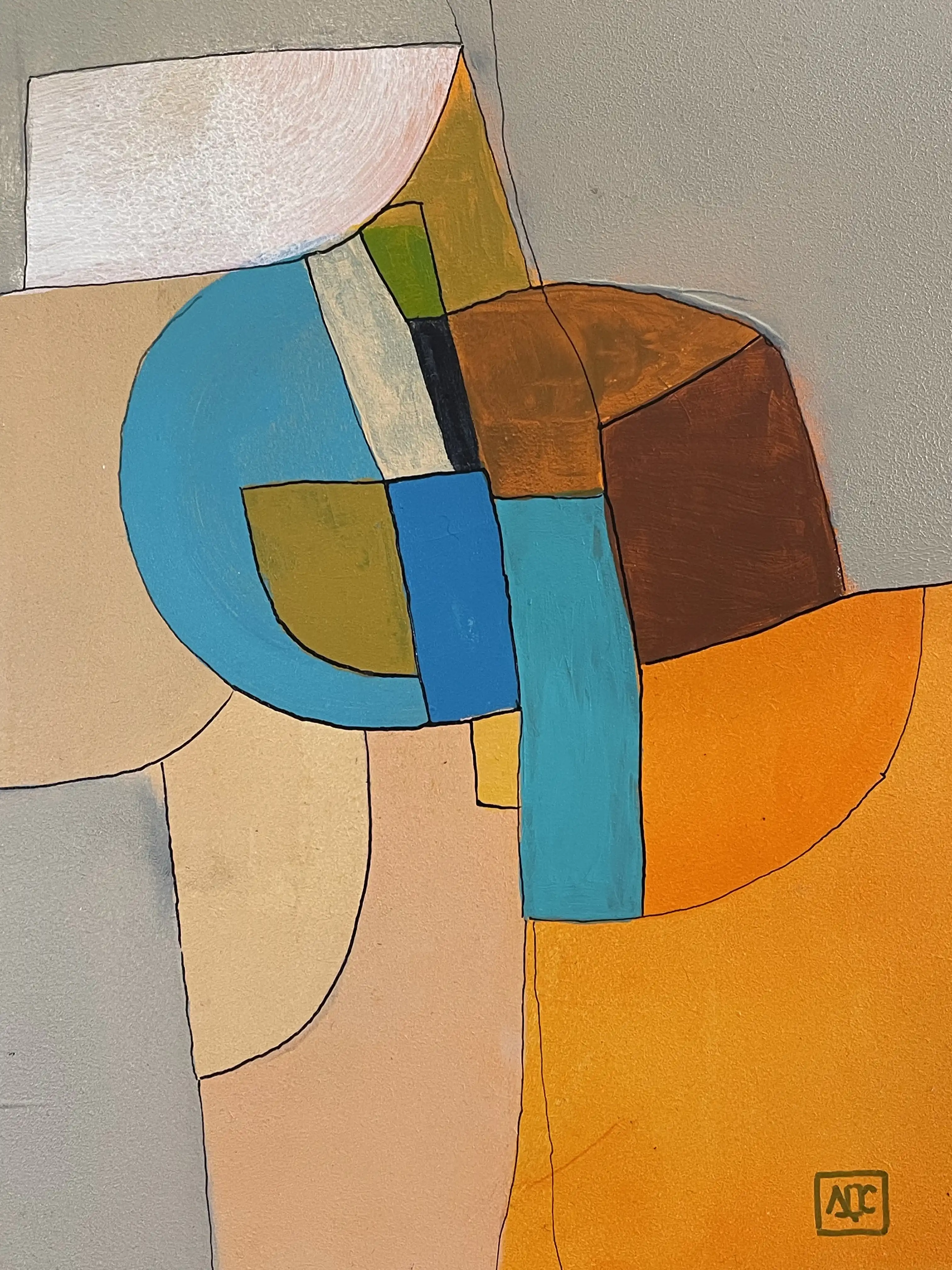 Peinture acrylique géométrique : sections orange, jaune-orange et bleues en divisions angulaires avec couleurs d'accent