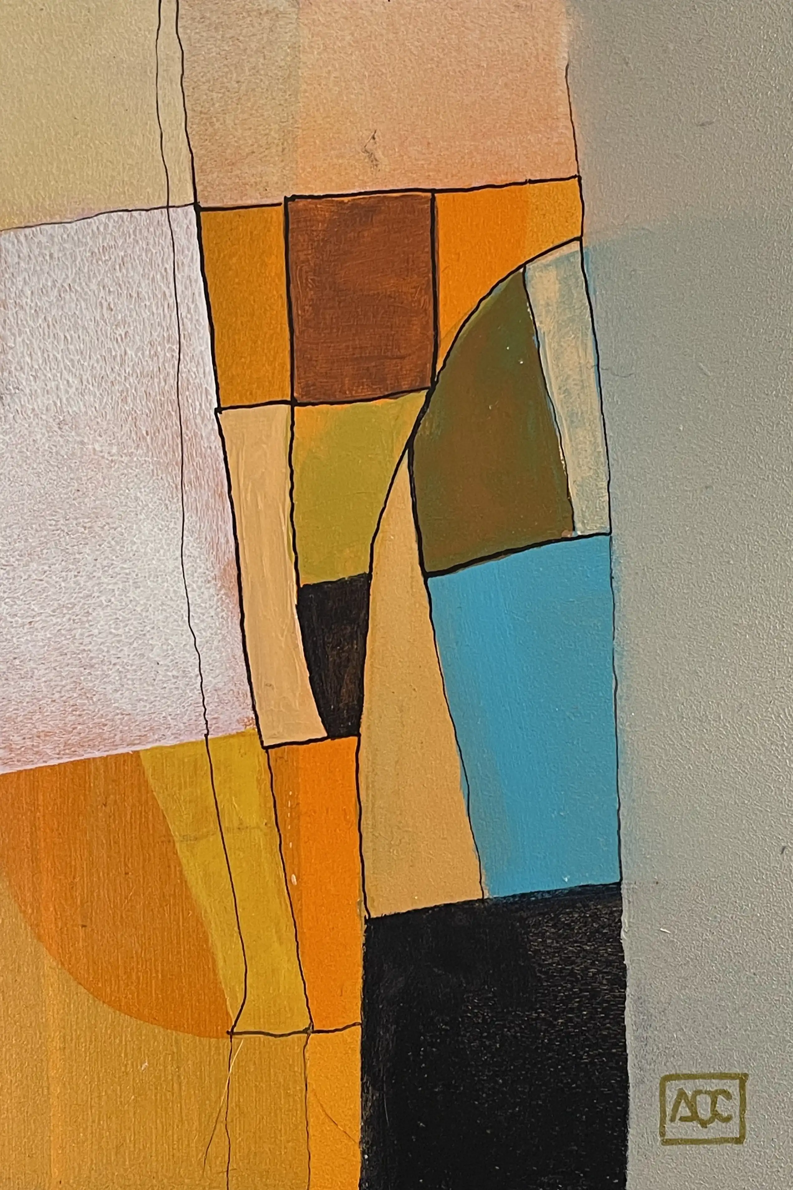 Peinture acrylique : blocs de couleur géométriques en jaune-orange, orange, et bleu-vert avec des éléments structurels noirs