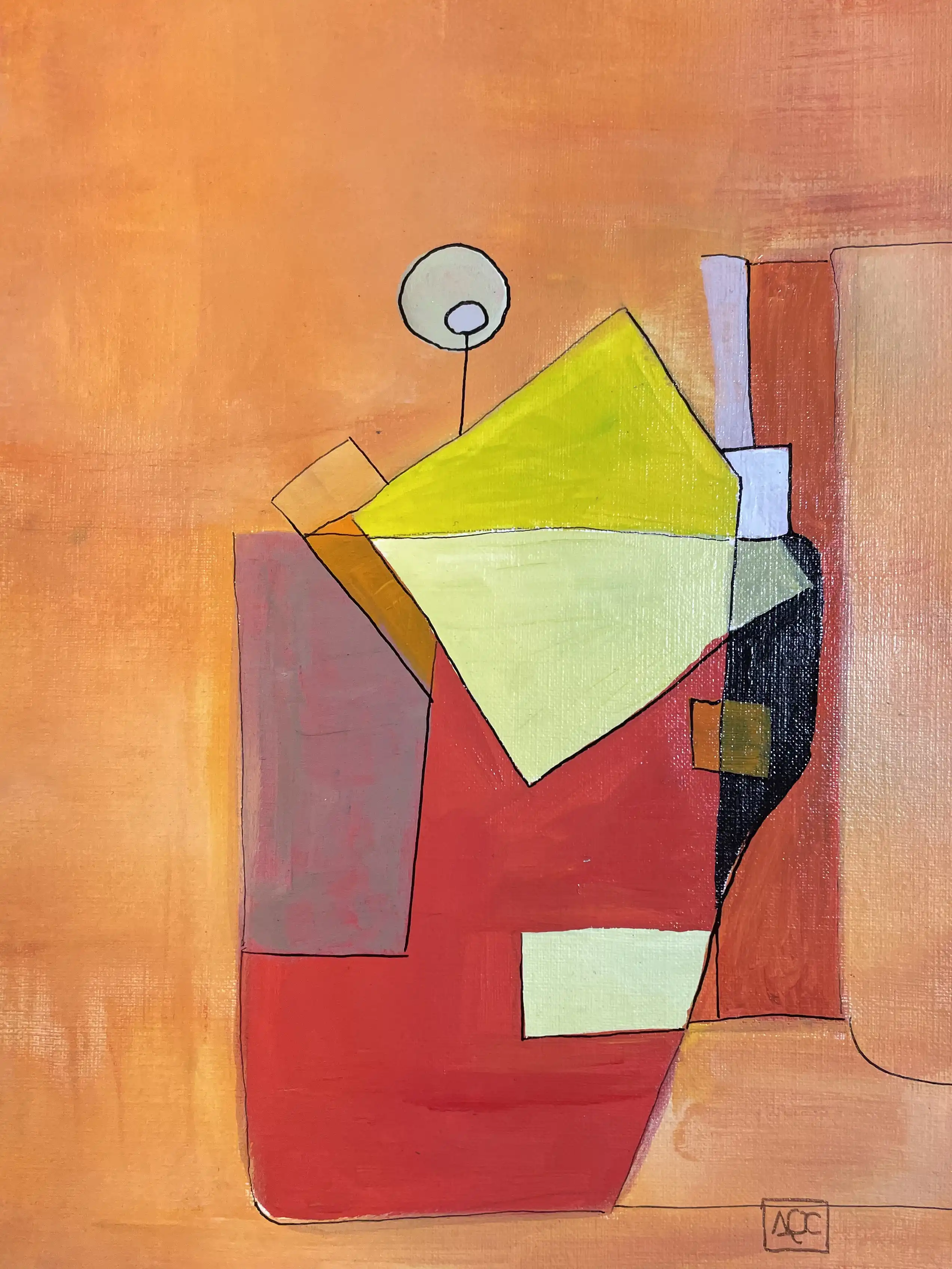 Acrylic painting with orange and red-orange geometric forms, yellow-green accent, exploring A minor chord through color
