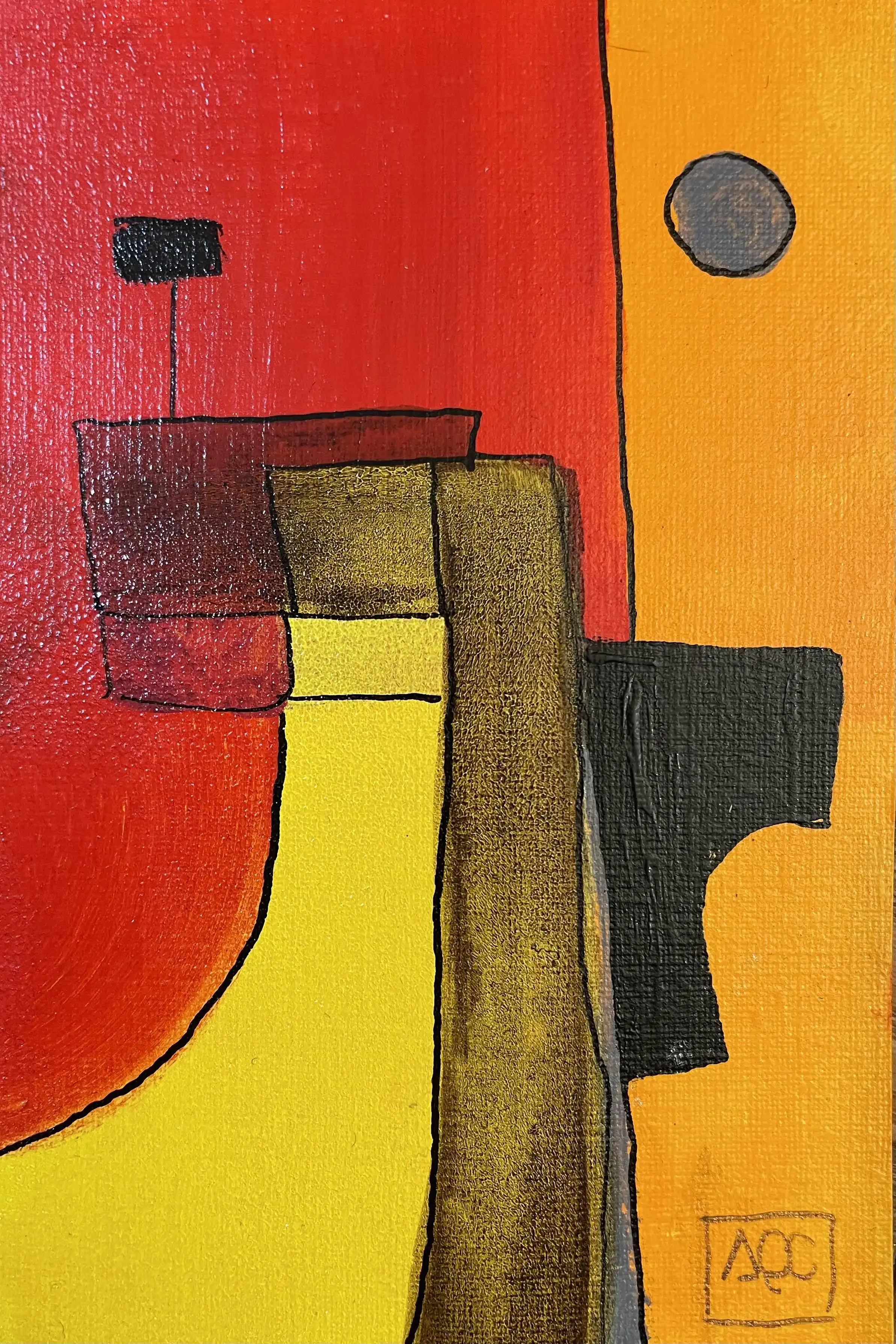 Peinture acrylique avec des formes géométriques rouge-orange, orange et jaune-orange créant une traduction visuelle d'harmonie musicale