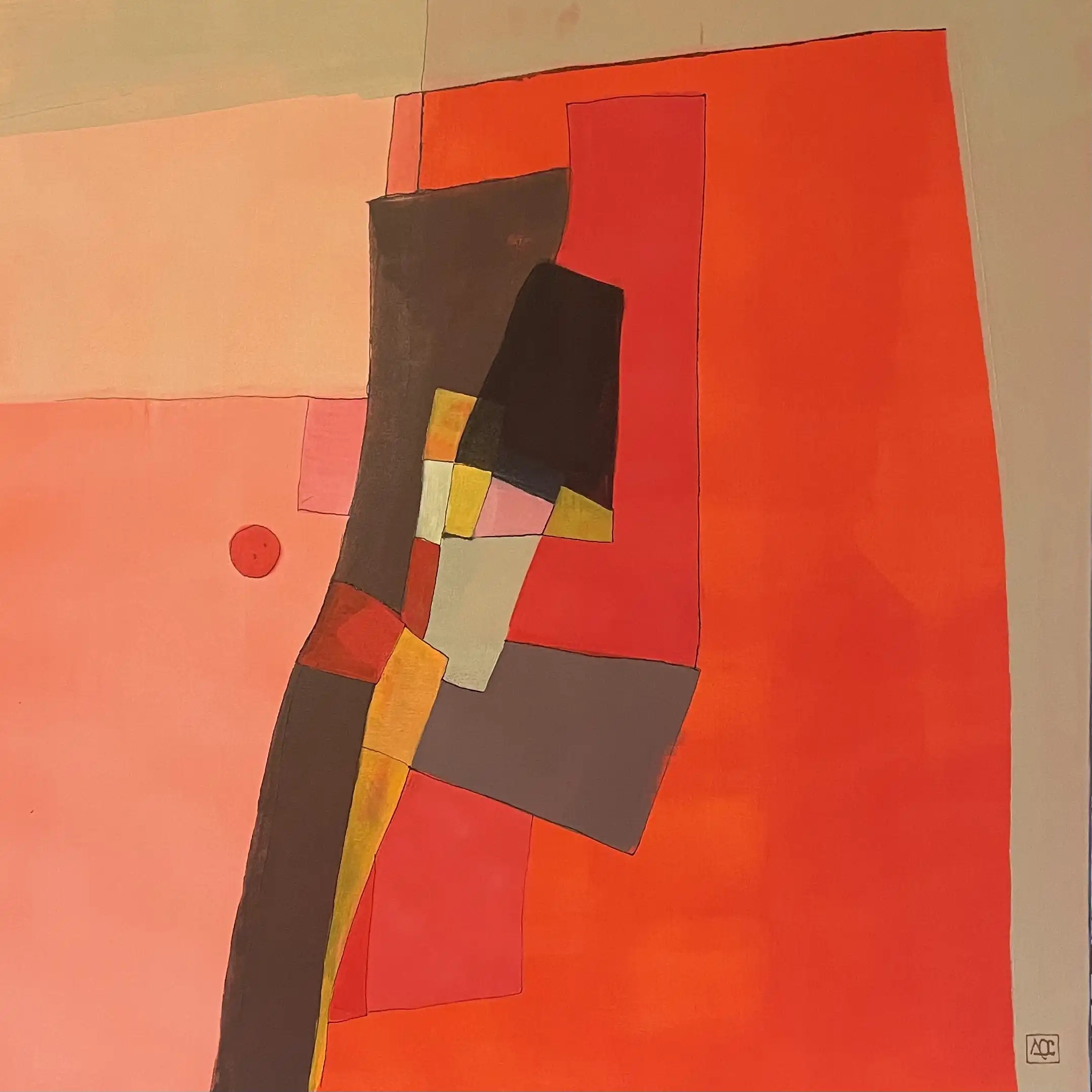 La Mineur - Variation 2 par Arnaud Quercy chez Art Quam Anima — peinture acrylique sur toile de lin, Peinture acrylique géométrique : formes angulaires sombres et cercle rouge contre champ rouge expansif sur toile de lin.