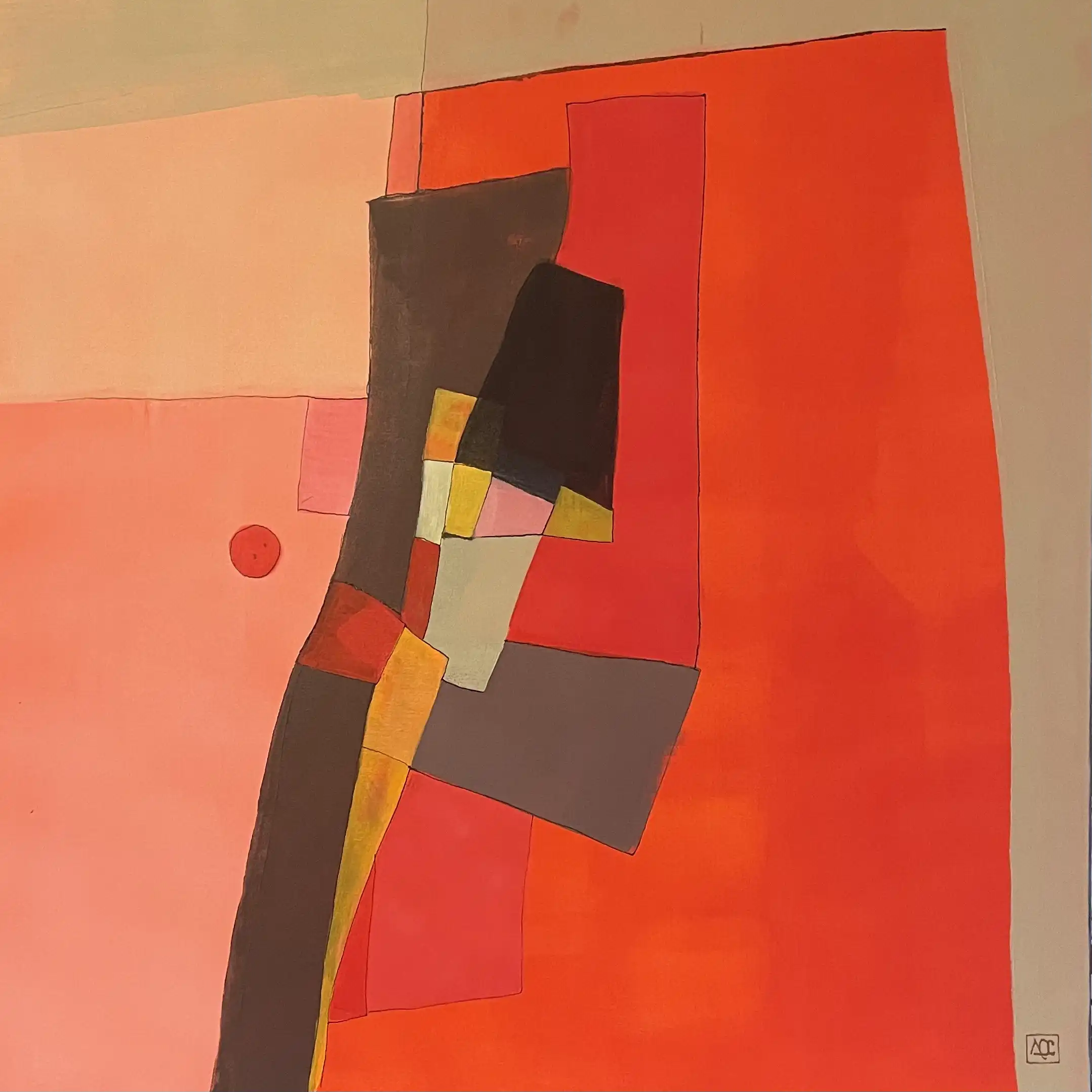 Peinture acrylique géométrique : formes angulaires sombres et cercle rouge contre champ rouge expansif sur toile de lin.