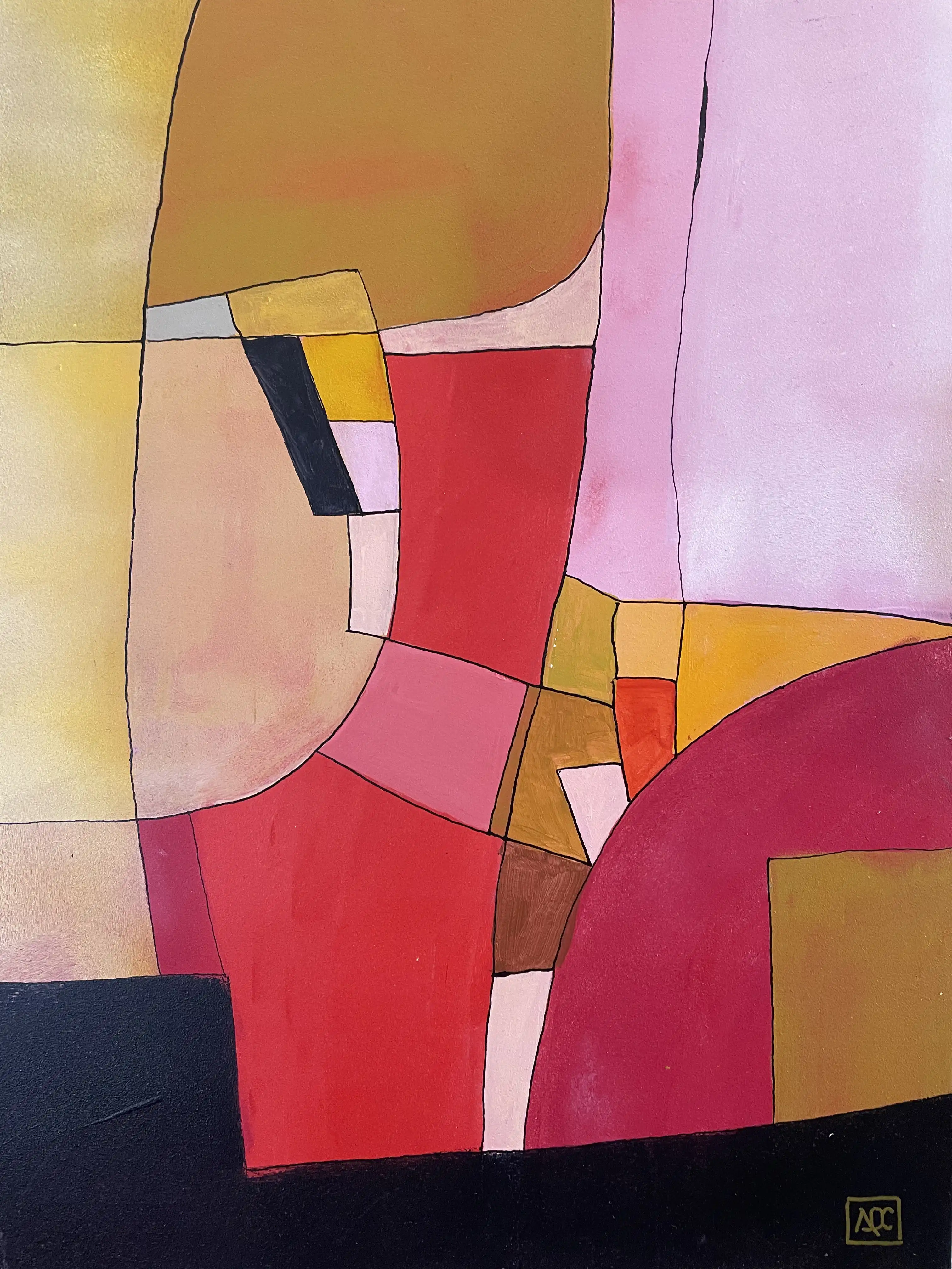 Peinture acrylique géométrique avec des formes orange, rouge et jaune-orange arrangées en sections angulaires sur composition verticale