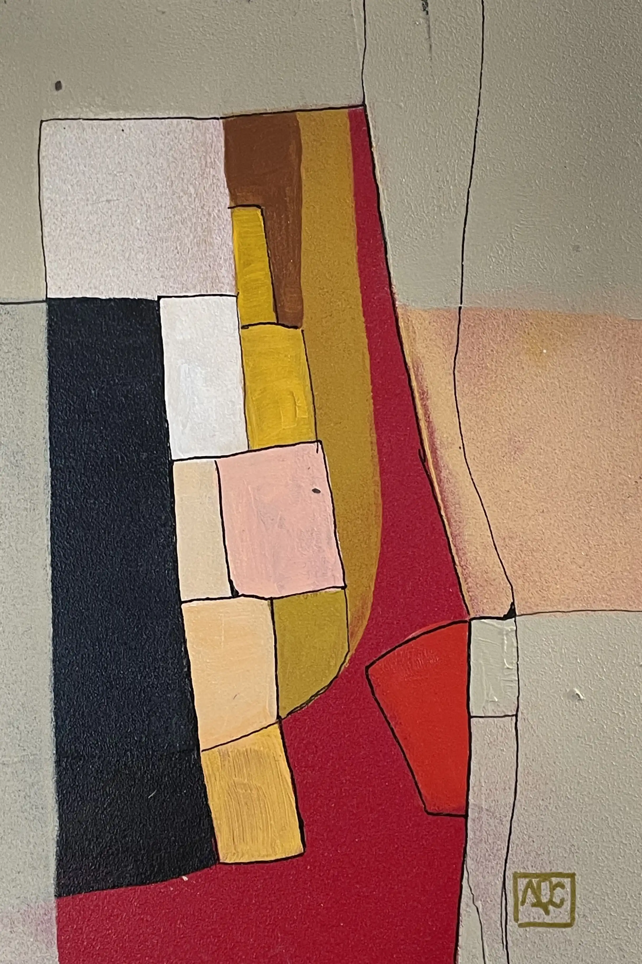 Peinture acrylique : formes géométriques rouge-orange, jaune-orange, jaune en composition verticale sur fond neutre