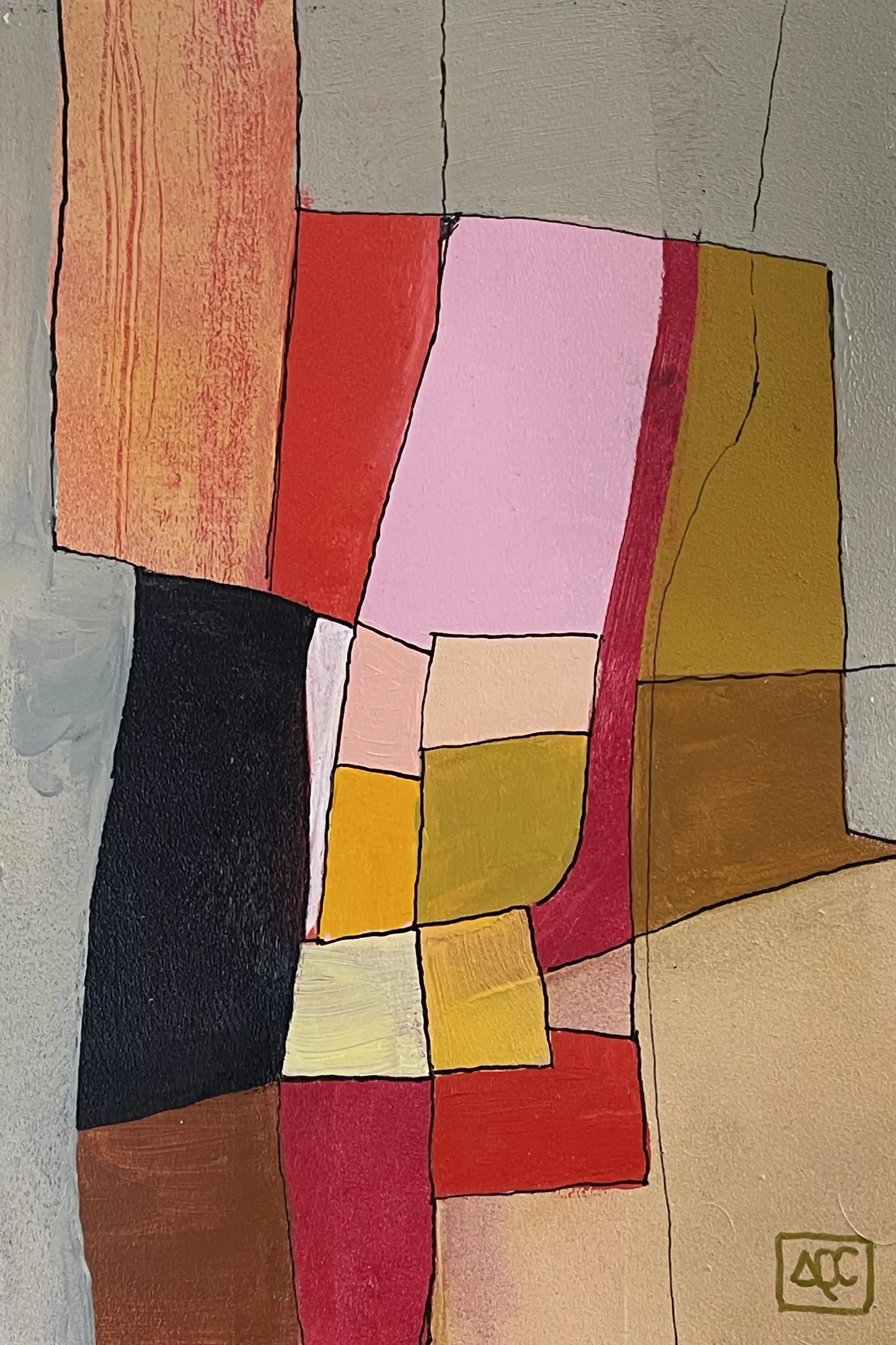 La Mineur - Variation 5 par Arnaud Quercy chez Art Quam Anima — peinture acrylique sur panneau de bois, Peinture acrylique avec blocs colorés géométriques : zones orange, rouge, jaune-orange et grises arrangées en compositions angulaires