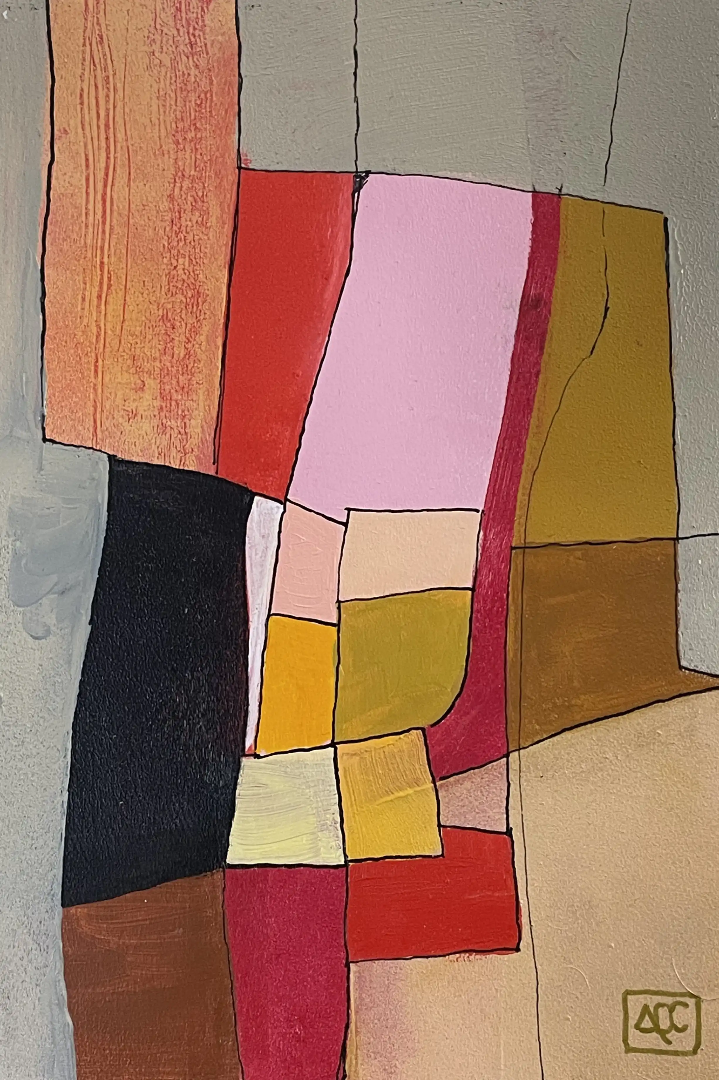 Peinture acrylique avec blocs colorés géométriques : zones orange, rouge, jaune-orange et grises arrangées en compositions angulaires